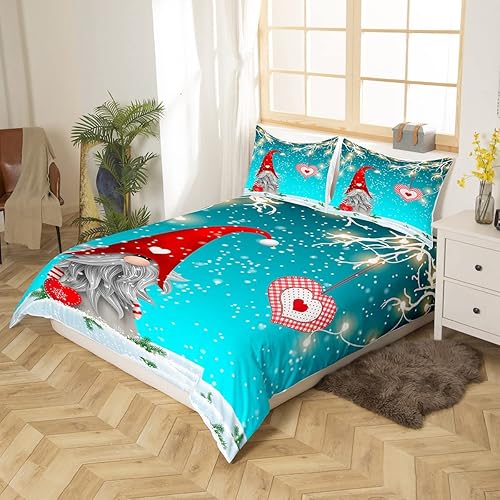 Miniatura 2 de Juego de ropa de cama de gnomo escandinavo, tamaño Queen, para niños, con texto en inglés "Merry Christmas", funda de edredón con luces de Navidad,