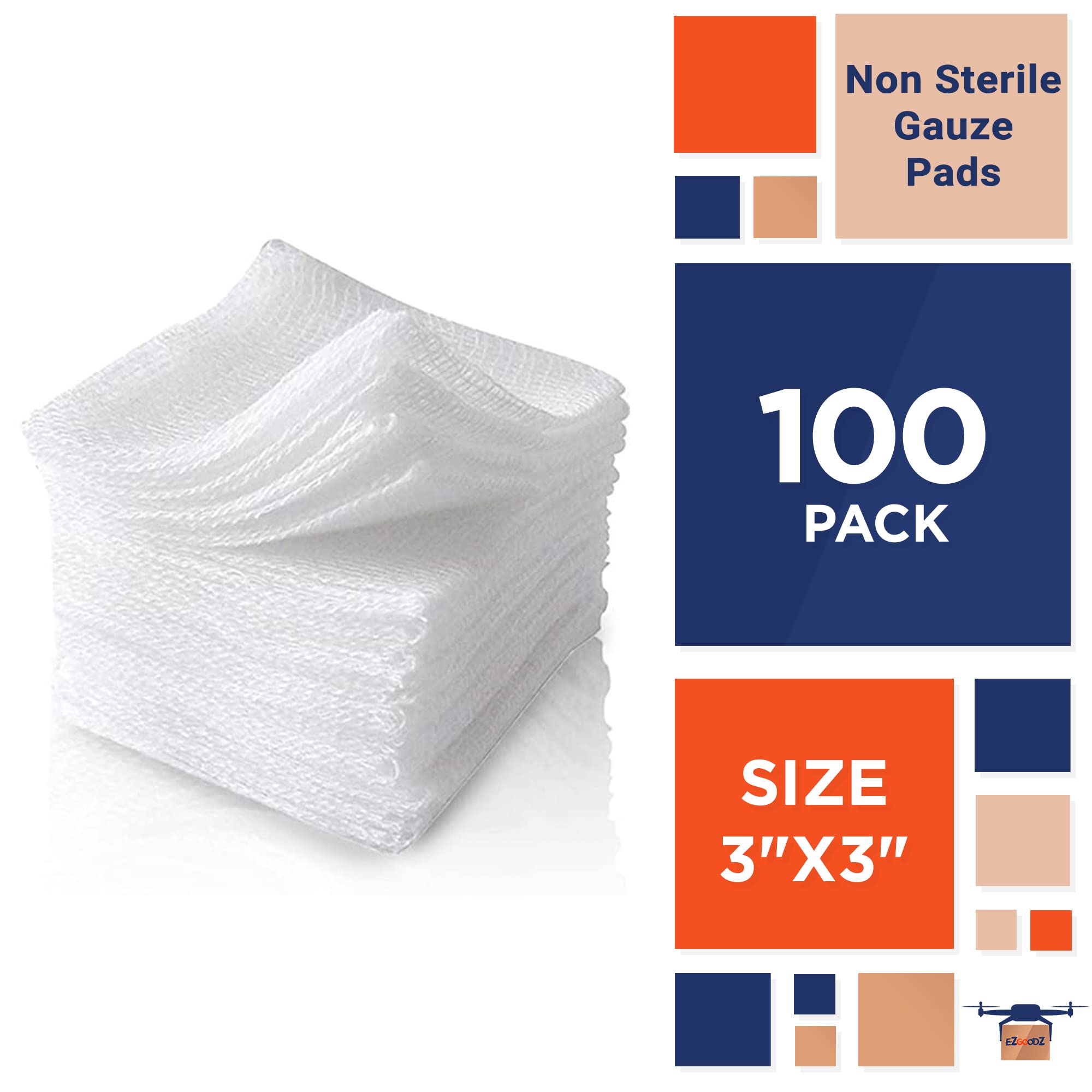 EZGOODZ Cotton Gauze Pads Non Sterile 3 x 3 Inch. 100 Pack of White 12-Ply Non Stick Gauze Pads Non Sterile. Disposable Absorbent Medical Gauze Squares. Breathable and Soft Surgical Gauze Pad
