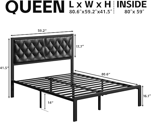 Miniatura 2 de Base de cama Fluest tamaño Queen con cabecero, base de cama tapizada en cuero PU, plataforma con soporte de listones metálicos, base de cama con