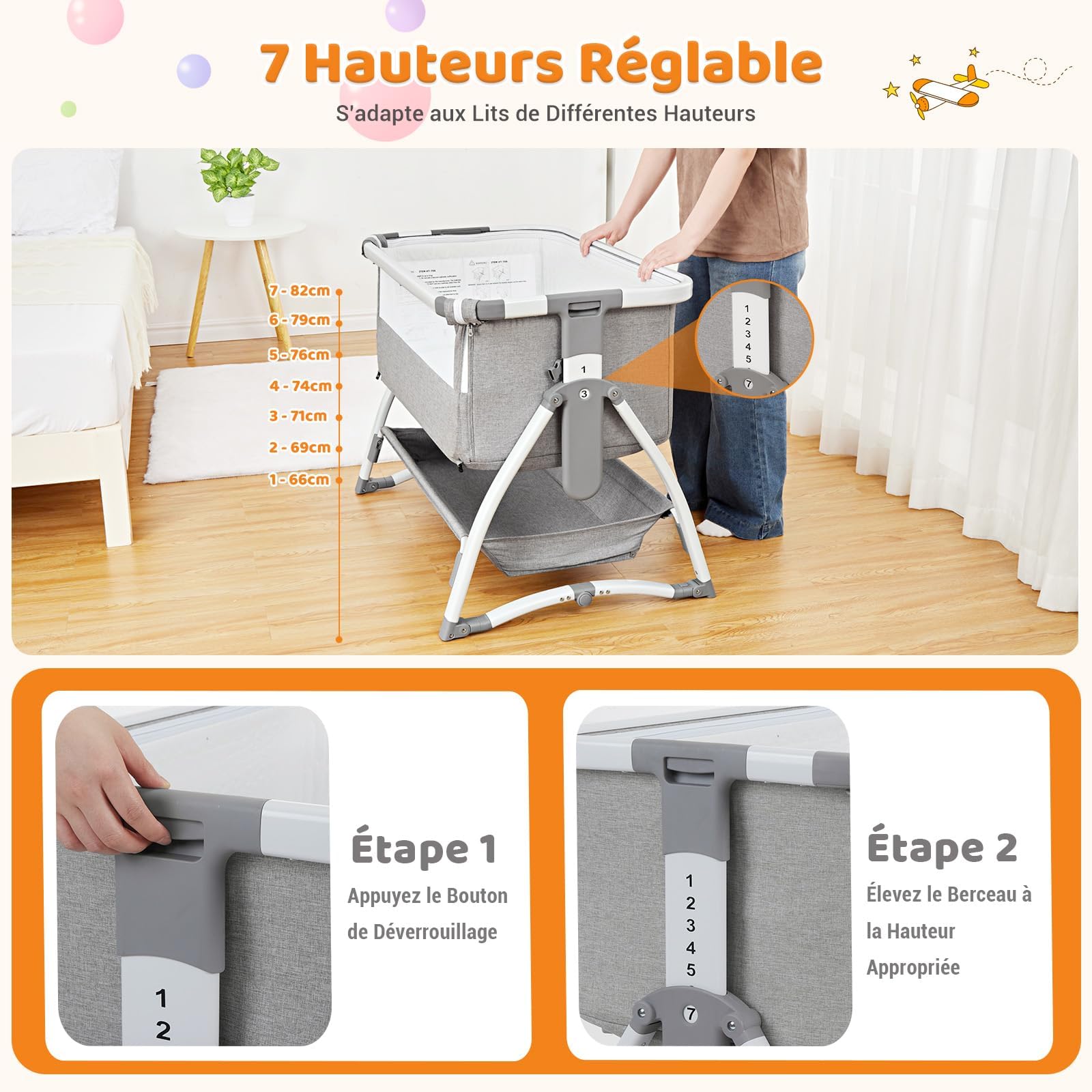 GarveeHome 3 in 1 Baby Beistellbett, Klappbares Beistellbett, Babywiege Mit Matratze Und Moskitonetz, Höhenverstellbar, Mit Reisetasche, Für Babys Von 0 Bis 36 Monaten, Hellgrau