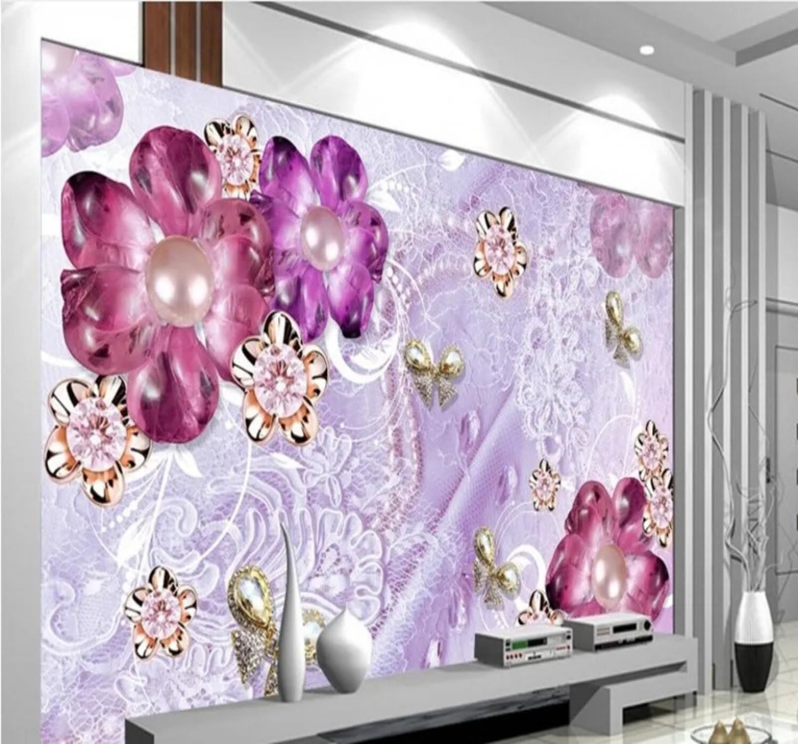 Wallpaper-3D-Xlm 300Cm×210Cm(B×H) Luxury Purple Diamonds Jewellery Flowers 3D Wallpaper Easy Install Feature Office Living Room Sofa Bedroom Tv Background Wall Decoration-300Cm×210Cm