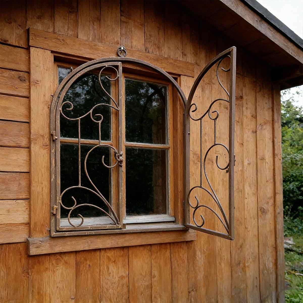 Rustikale Deko-Fenster mit Halbbogen zum Öffnen Eisen Sprossen-Fenster Scheunenfenster Fensterrahmen Fenster Attrappe Ranken Optik Wanddekor für Gartendeko Landhausstil Rost