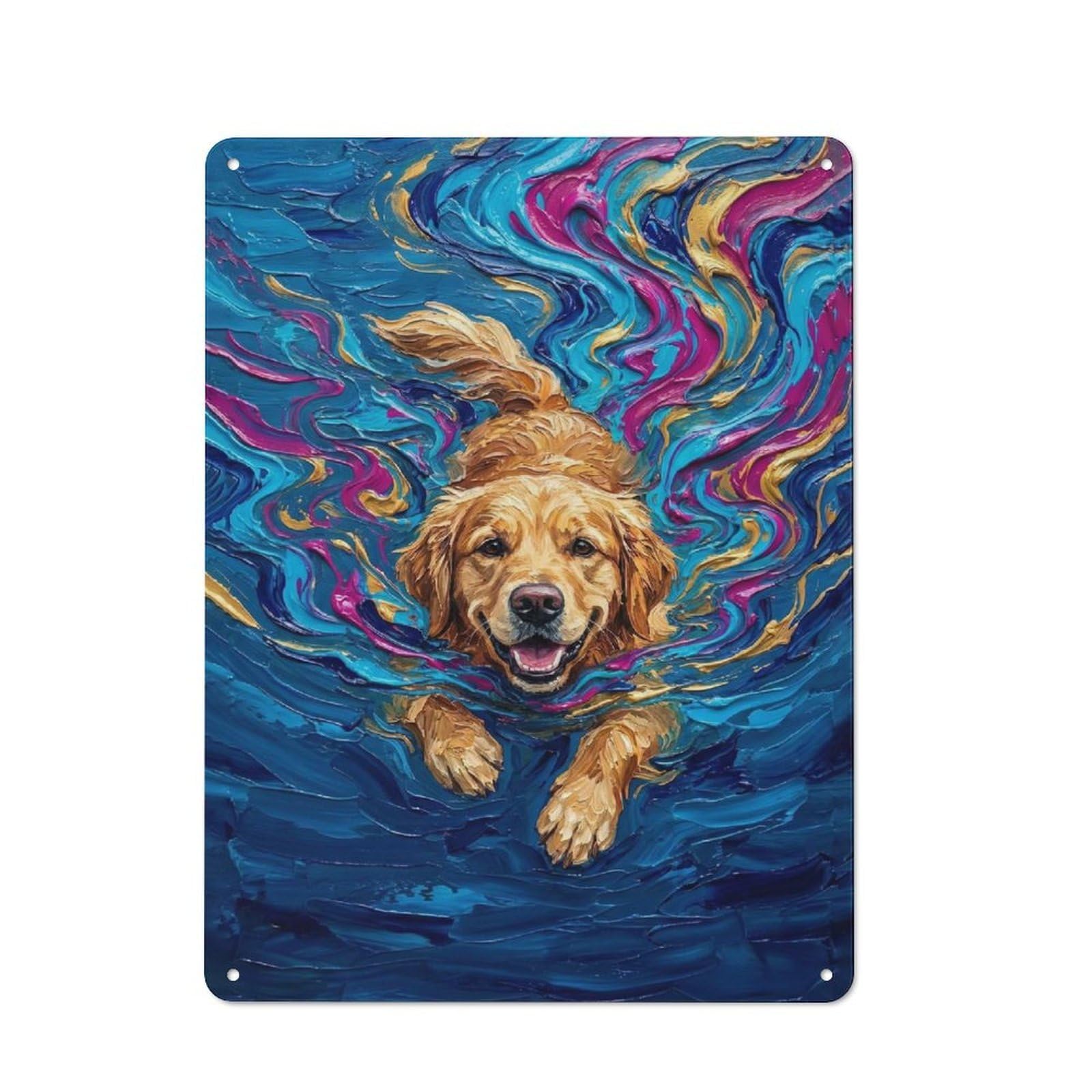 Junmoney Style-19 Metal Wall Sign 40X30cm Featuring Golden Retriever Swimming Abstract Painting For Café Or Home Bar, For Collectors Decorating Cafés And Home Bars