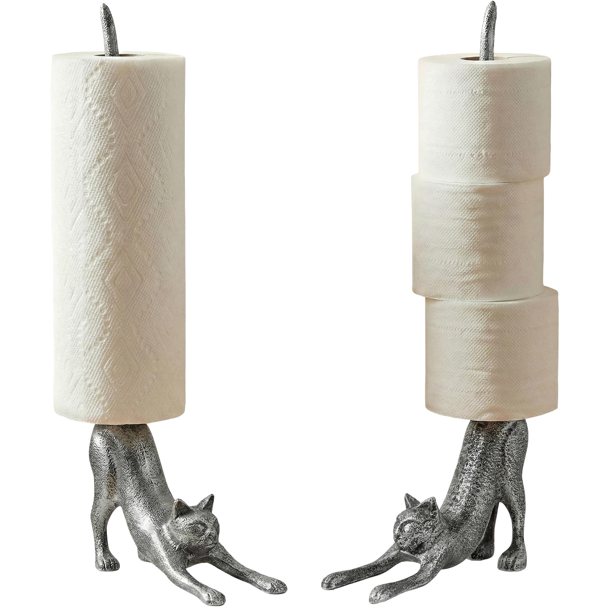 Comfify Yoga Cat Decorative Paper Towel Holder or Toilet Paper Holder - Adorable Downward Dog Pose Kitty- Cast Iron Paper Towel Stand - Antiqued Cast Iron White Color - 18.5" - Silver with Black