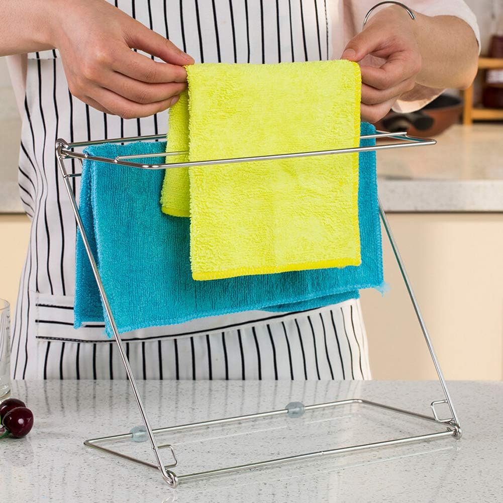 TKDMR Foldable 304 Stainless Steel Kitchen Rag Rack Drying Rack Dishcloth Hanger Desktop Waterlogging Rag Holder Silver (M)