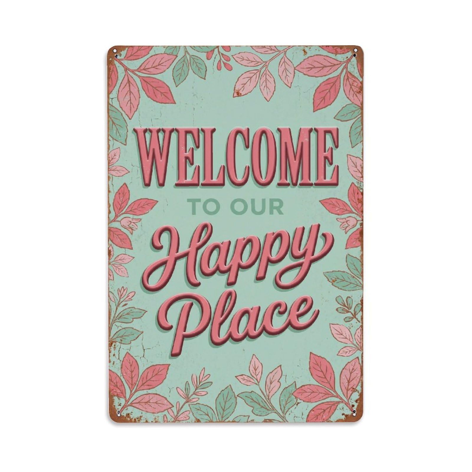 Fqnyr Style Welcome To Our Happy Place Teaberry Garden Metal Tin Sign Plaque Wall Decor For Cafe, Club Bar, Office, Home Garden Metal Poster 8X12inch