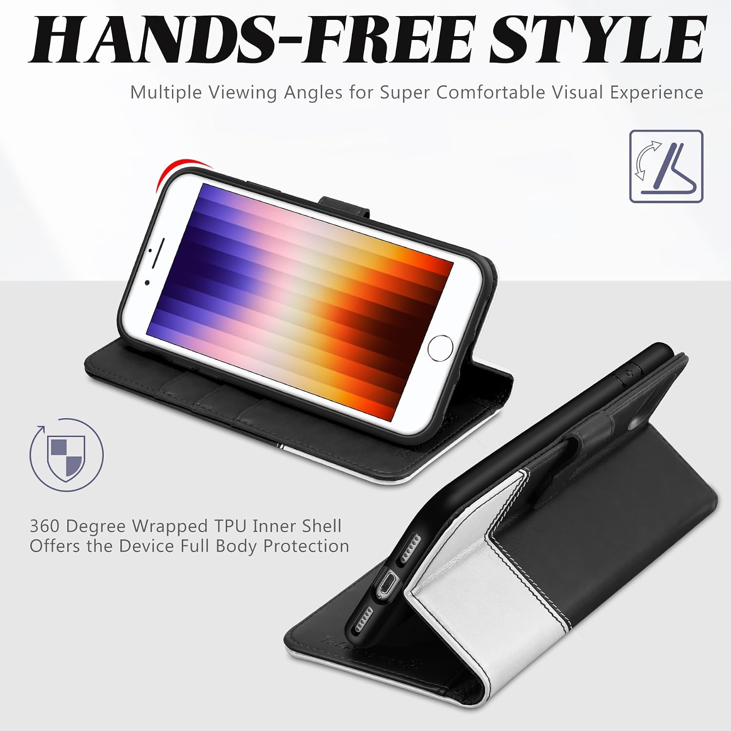 TUCCH Wallet Case for iPhone SE 2022/SE 2020/iPhone 8/7, PU Leather Folio with Stand Card Slot Magnetic Flip Cover [TPU Interior Case] Compatible with iPhone SE3/SE2/8/7, Black & White