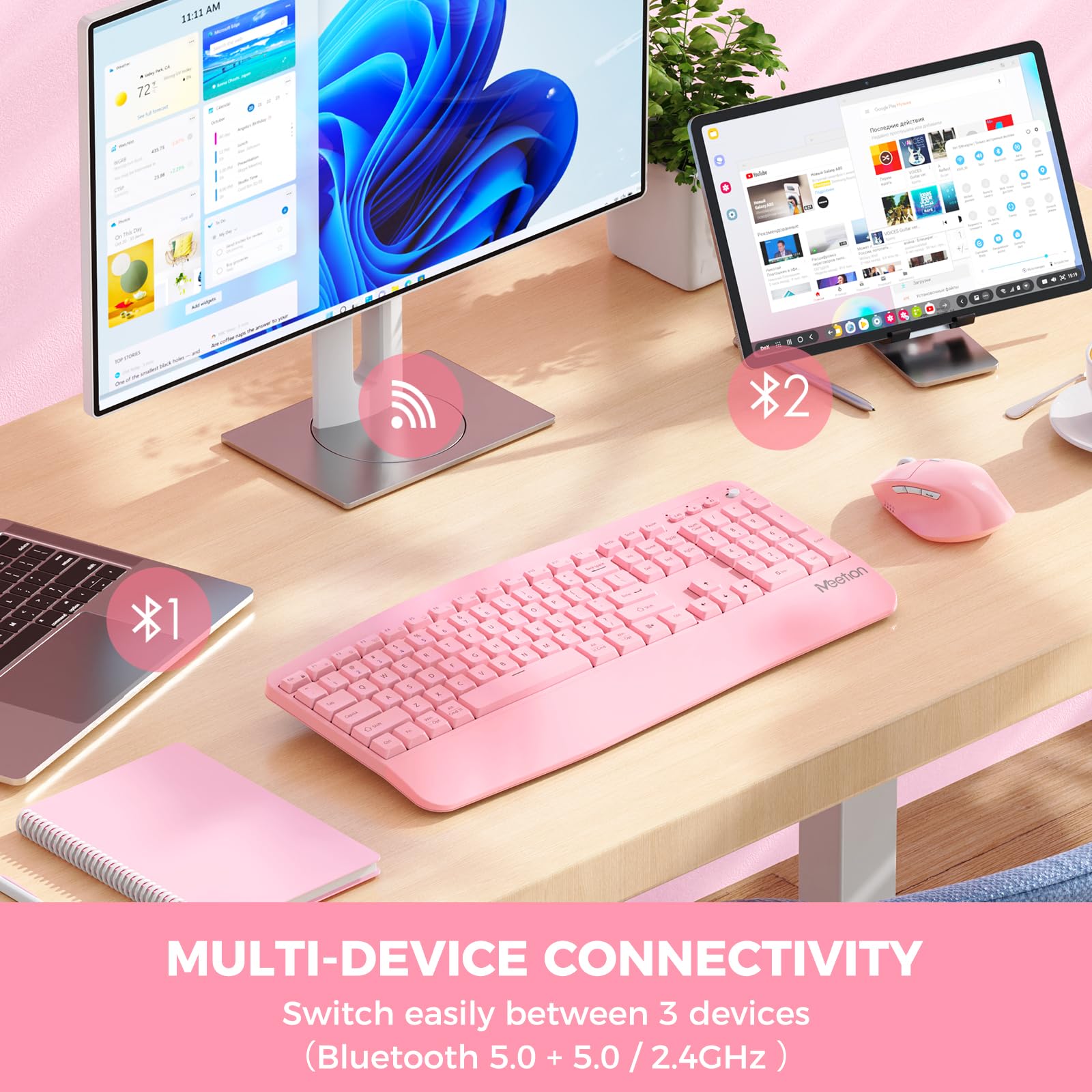 MEETION Wireless Keyboard and Mouse, Bluetooth Ergonomic Keyboard with Wrist Rest, Multi-Device, 3-Level DPI Wireless Mouse for Windows/MacLaptop/Computer/PC/iPad/Andriod, Pink