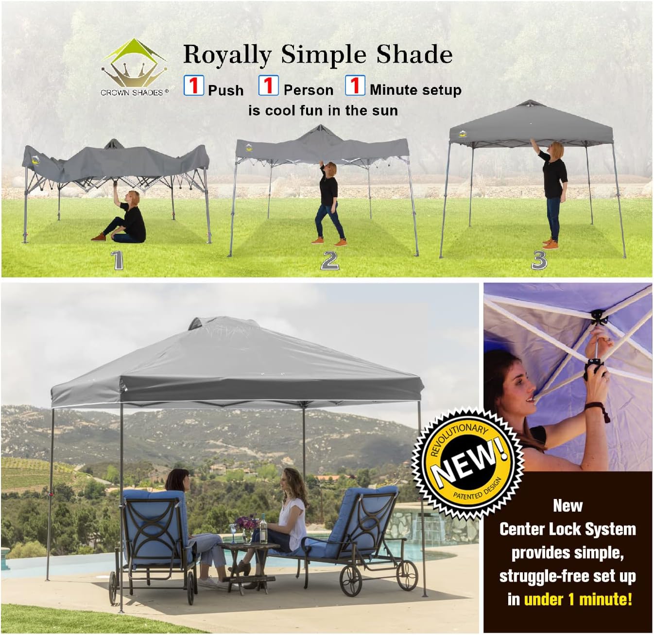 CROWN SHADES - Toldo Desplegable Instantáneo De Un Empuje Patentado, Base De 10 X 10 Pies Y Parte Superior De 8 X 8 Pies, Bolsa De Transporte, 8 Estacas, 4 Cuerdas