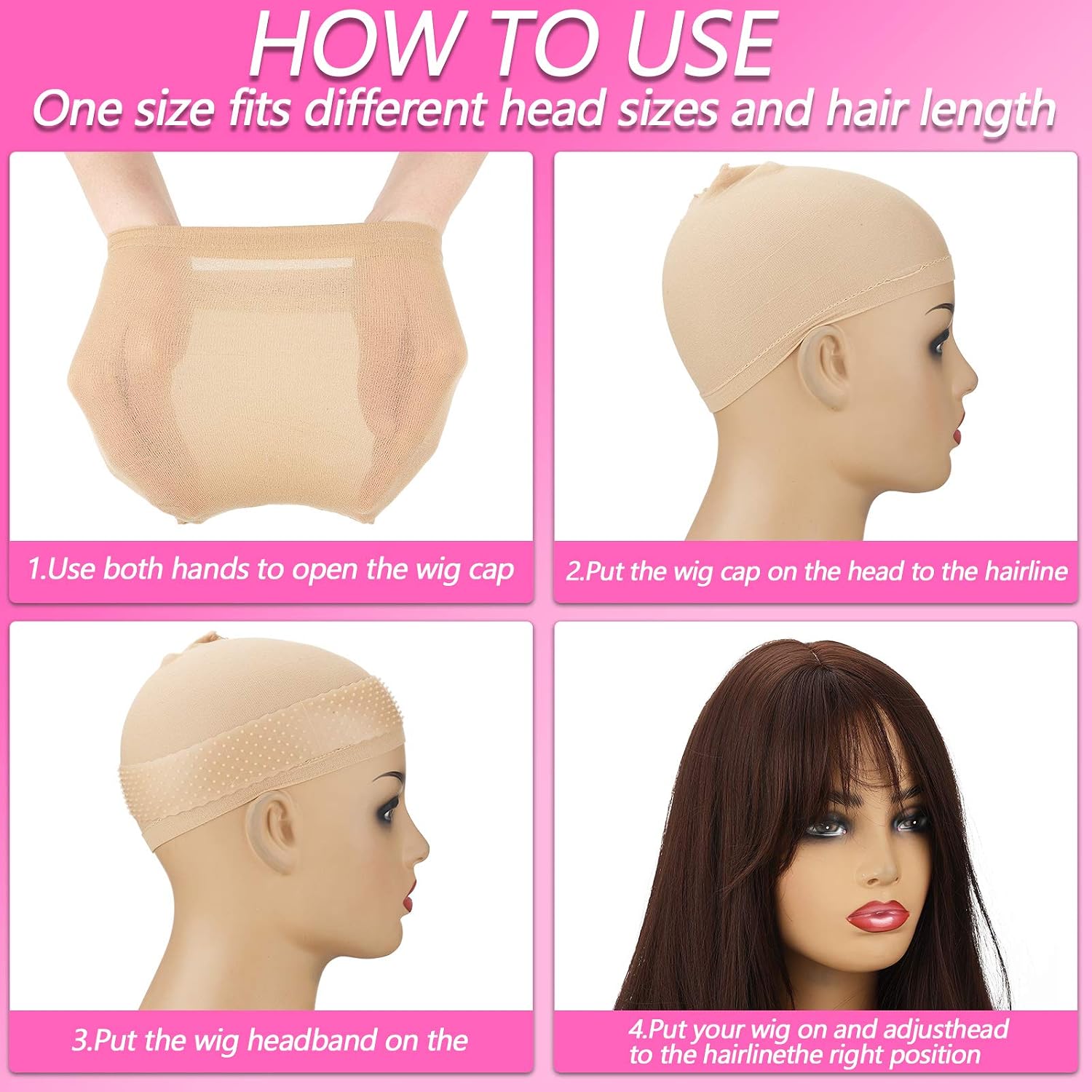 Chuangdi 6 Pieces Wig Caps and Stretchy Nylon Wig Grip Band for Women Halloween Cosplay Non Slip Silicone Transparent Headband for Wigs with 2 Brush for Women Sport Yoga Cosplay