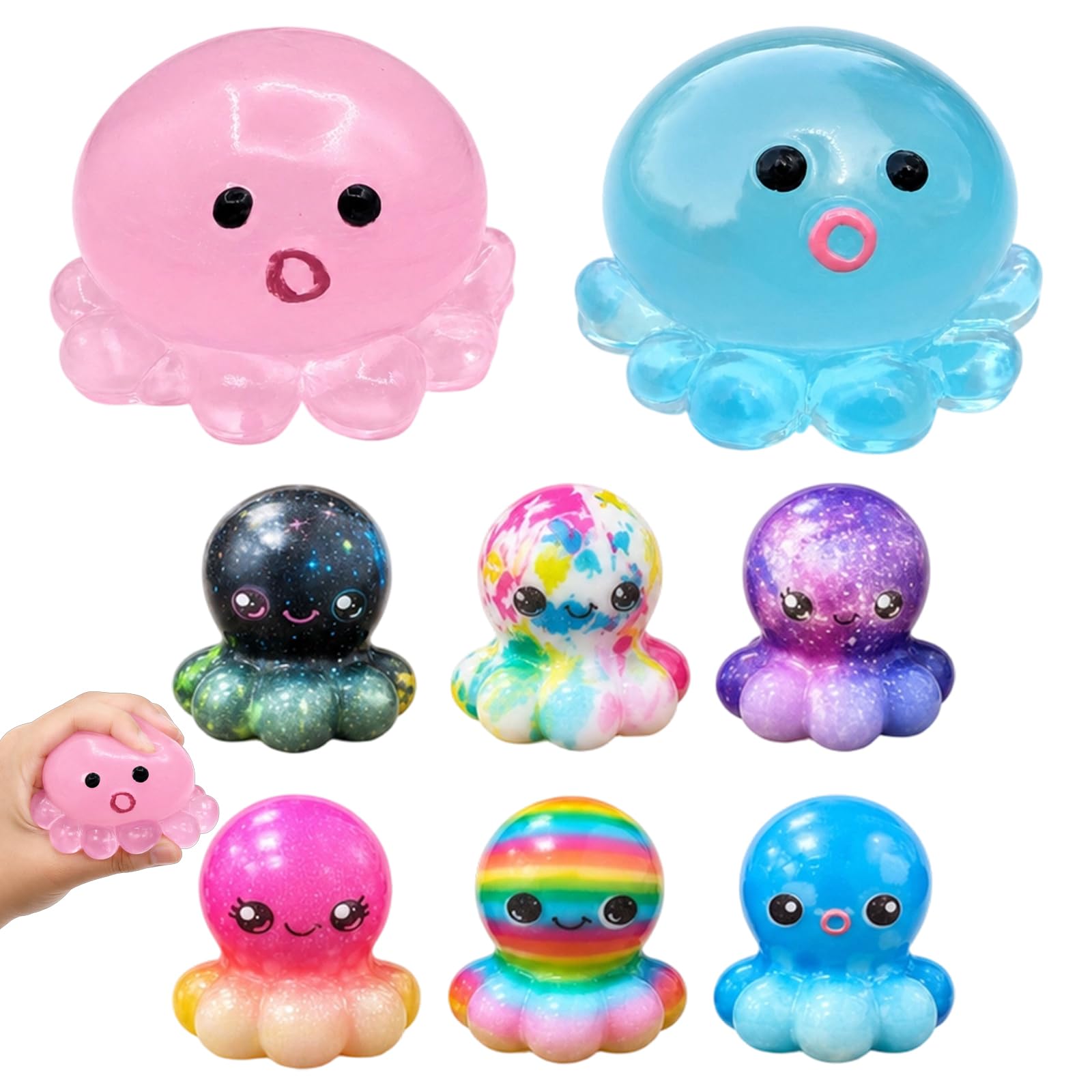 GETFACAI 8 PCS Octopus Squishy, 1 Pink and 1 Blue with 6 Assorted Random Colors Soft Ball, Desktop Accessory for Office Focus, Portable Companion for Study Breaks and Daily Use