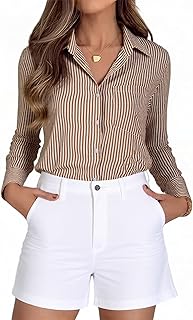 Camisas a rayas con botones para mujer, camisas de vestir de manga larga, casual, cuello de oficina, camisa de trabajo con bolsillo