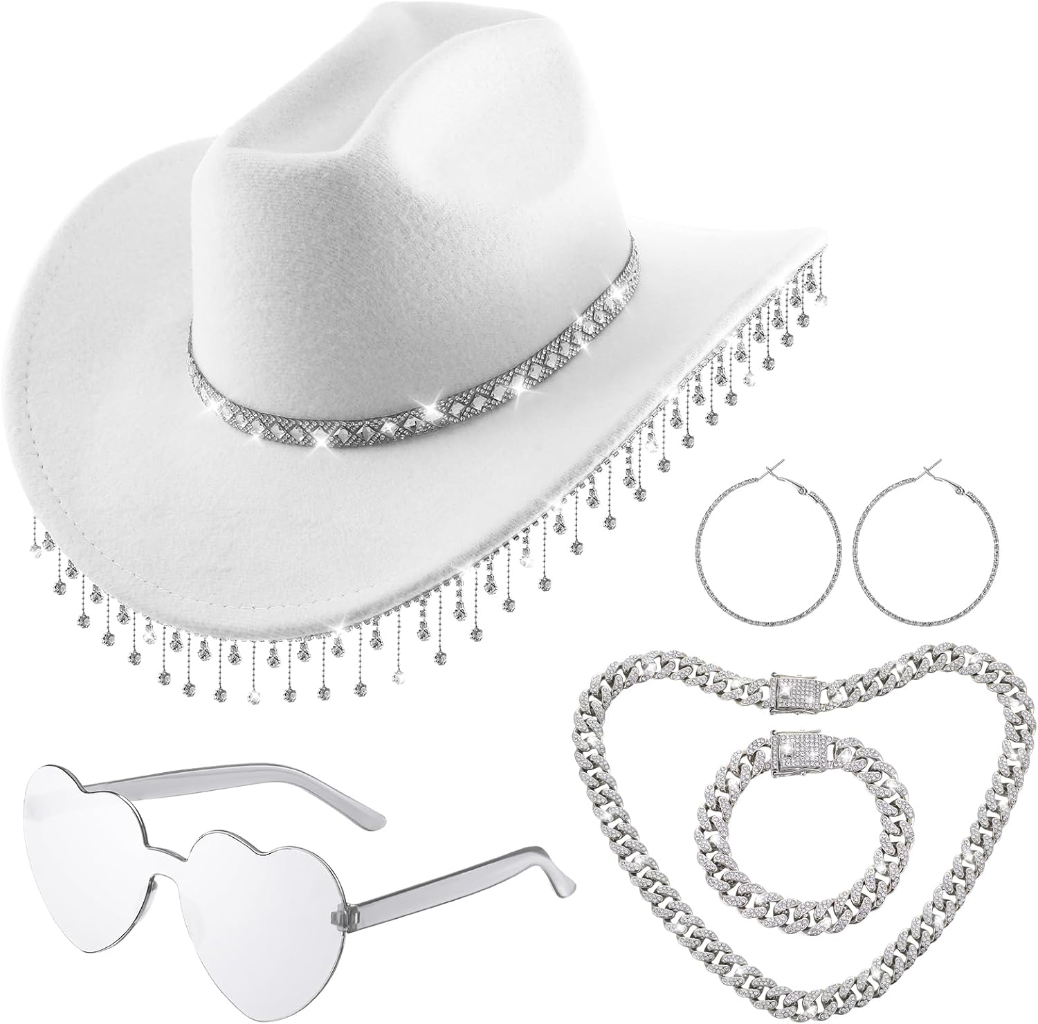 5 Pcs Rhinestone Cowgirl Hat with Fringe Rhinestone with Necklace Bracelet Circle Earring Sunglasses for Women Gifts Halloween Costume White