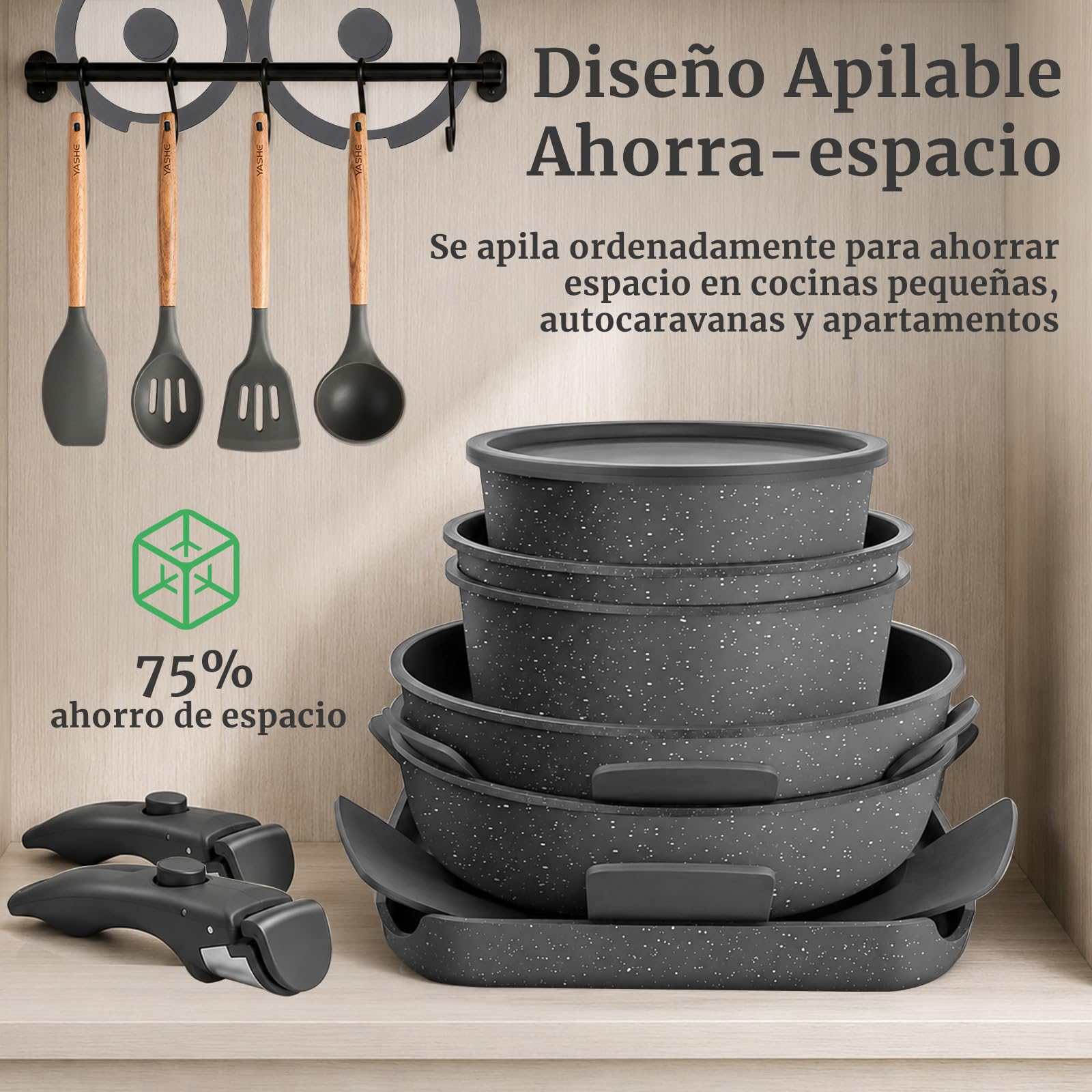 YASHE Batería de cocina 21 piezas, inducción, atóxica, sin PTFE ni PFAS | Juego de Sarténes y Ollas Atóxica con Mango Extraíble, Ollas Apilables, Juego Ahorrador de Espacio para Caravana, Sin PFOA