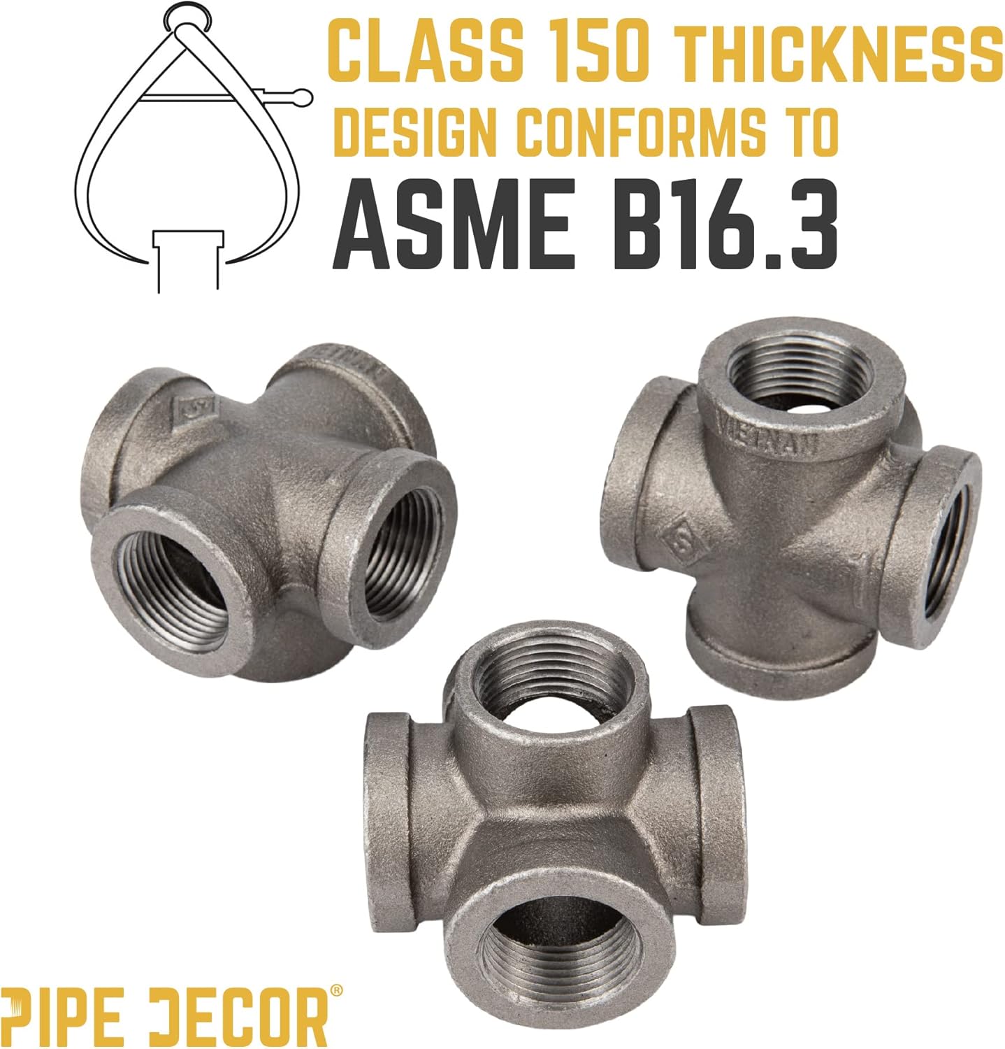 PIPE DECOR 1" 5-way Cross Fitting, 4-Pack, Malleable Iron, Fits One Inch Diameter Black Steel Plumbing Pipes and Nipples, Build Vintage DIY Pipe Industrial Furniture and Shelving