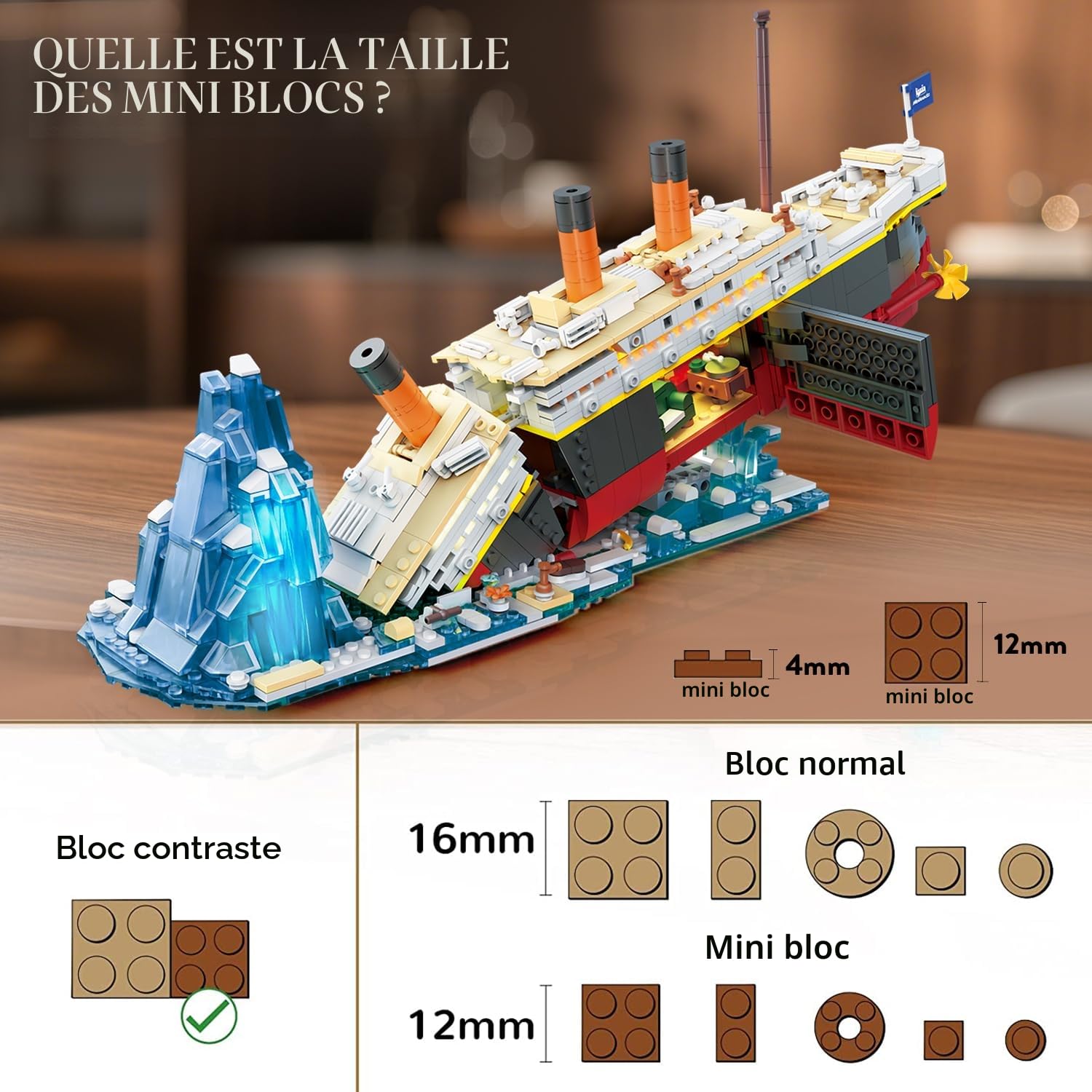PLAXSOON Ensemble de construction 2 en 1 Titanic avec lumières, kit de construction miniature de navire Titanic 1935 PCS avec support d'affichage de glacier, modèle de navire en brique décoration de