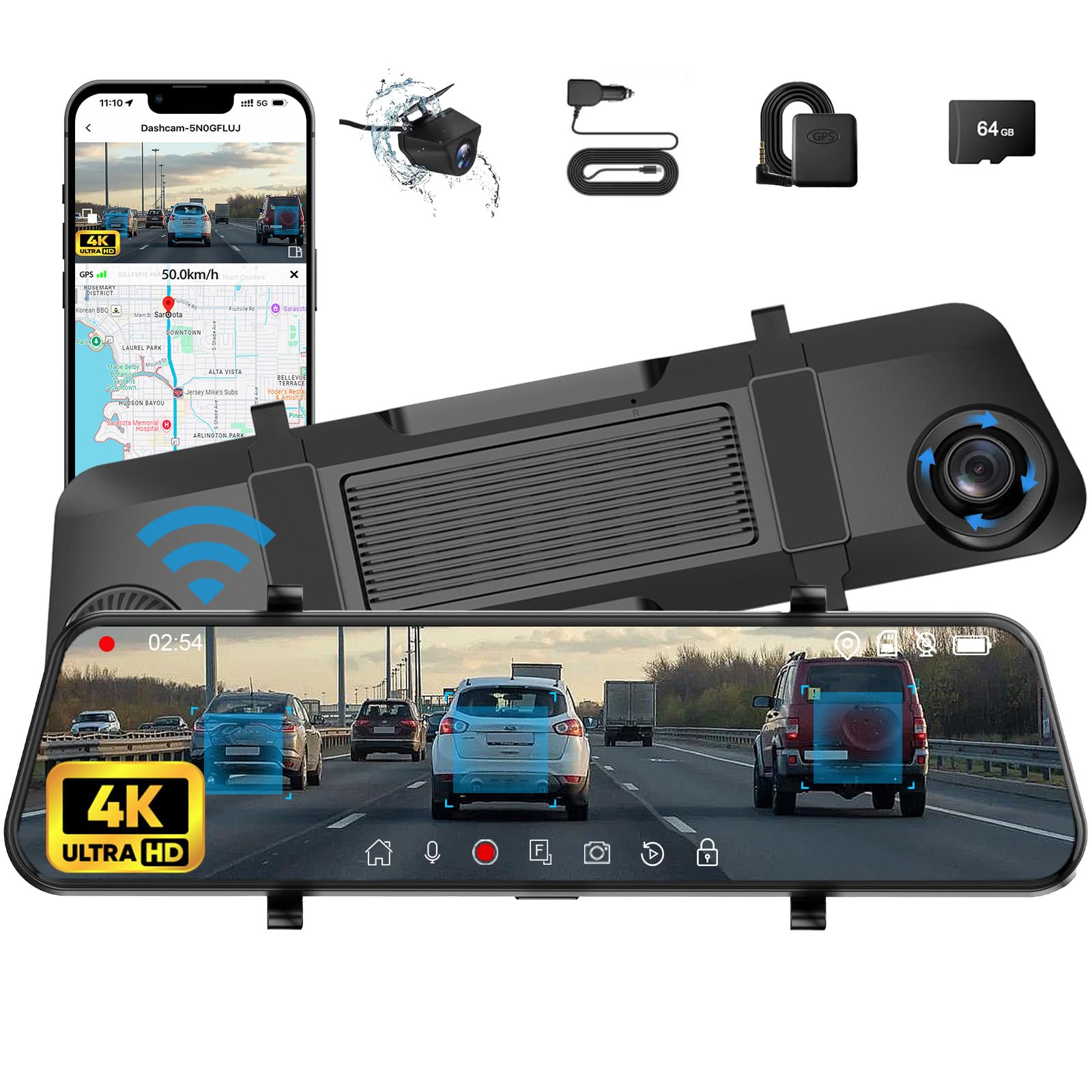 4K + 2.5K Mirror Dash Cam, 12'' Smart Rear View Mirror Camera with with IMX415 Sensor, WiFi, ADAS, BSD, GPS, Full HD Touch Screen, APP Control, Night Vision, Parking Monitoring, Free 64GB Card