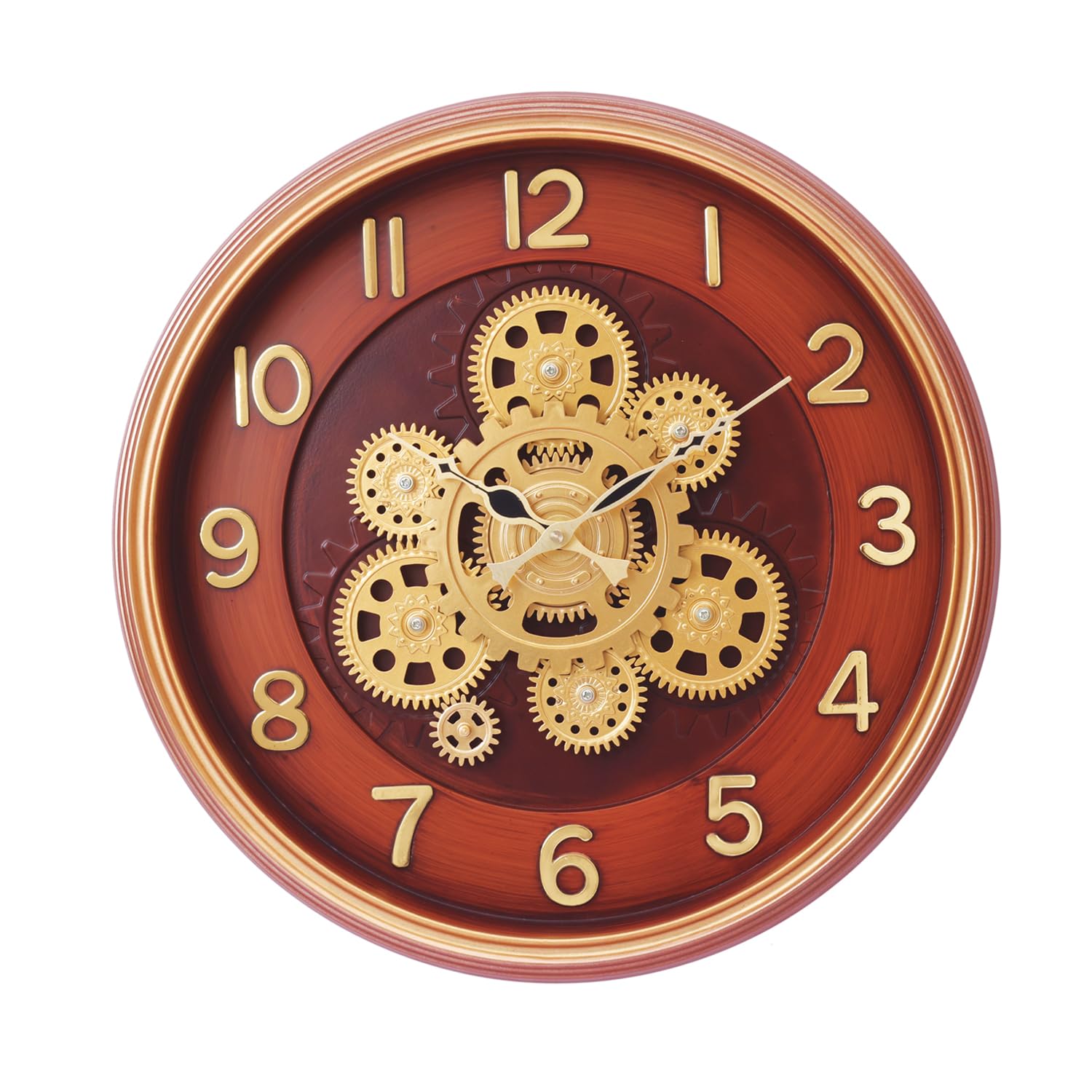 HARDSTONE 16-Inch Moving Gear Wall Clock with Real Rotating Gears, Elegant Wooden Look Finish, Brown, Vintage Decor for Living Room & Office, Battery Operated Large Display