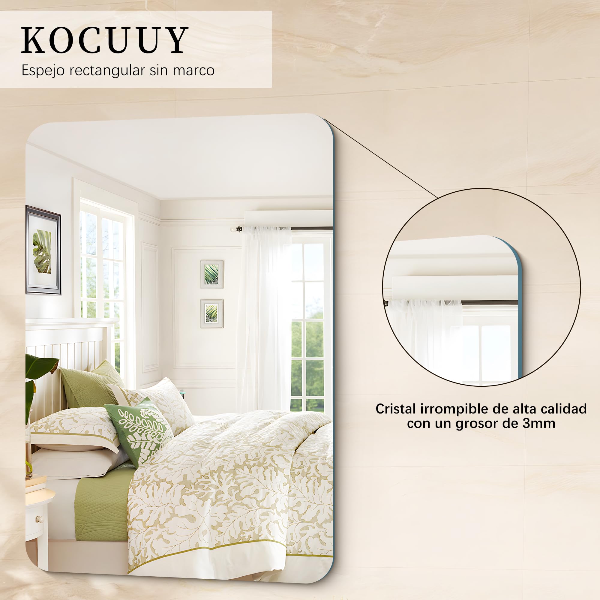 KOCUUY Espejo de baño Rectangular sin Marco, Espejo de Pared de 40 x 60 cm, Espejo con Cristal irrompible, reflexión HD, Esquinas Redondeadas,Adecuado para baños, dormitorios o vestidores.