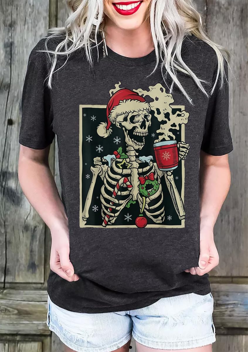 Dead Inside Skeleton Christmas Shirt Women Novelty Skull Coffee Graphic Tee Tops Coffee Lover Xmas Gift Tshirt - Image 4