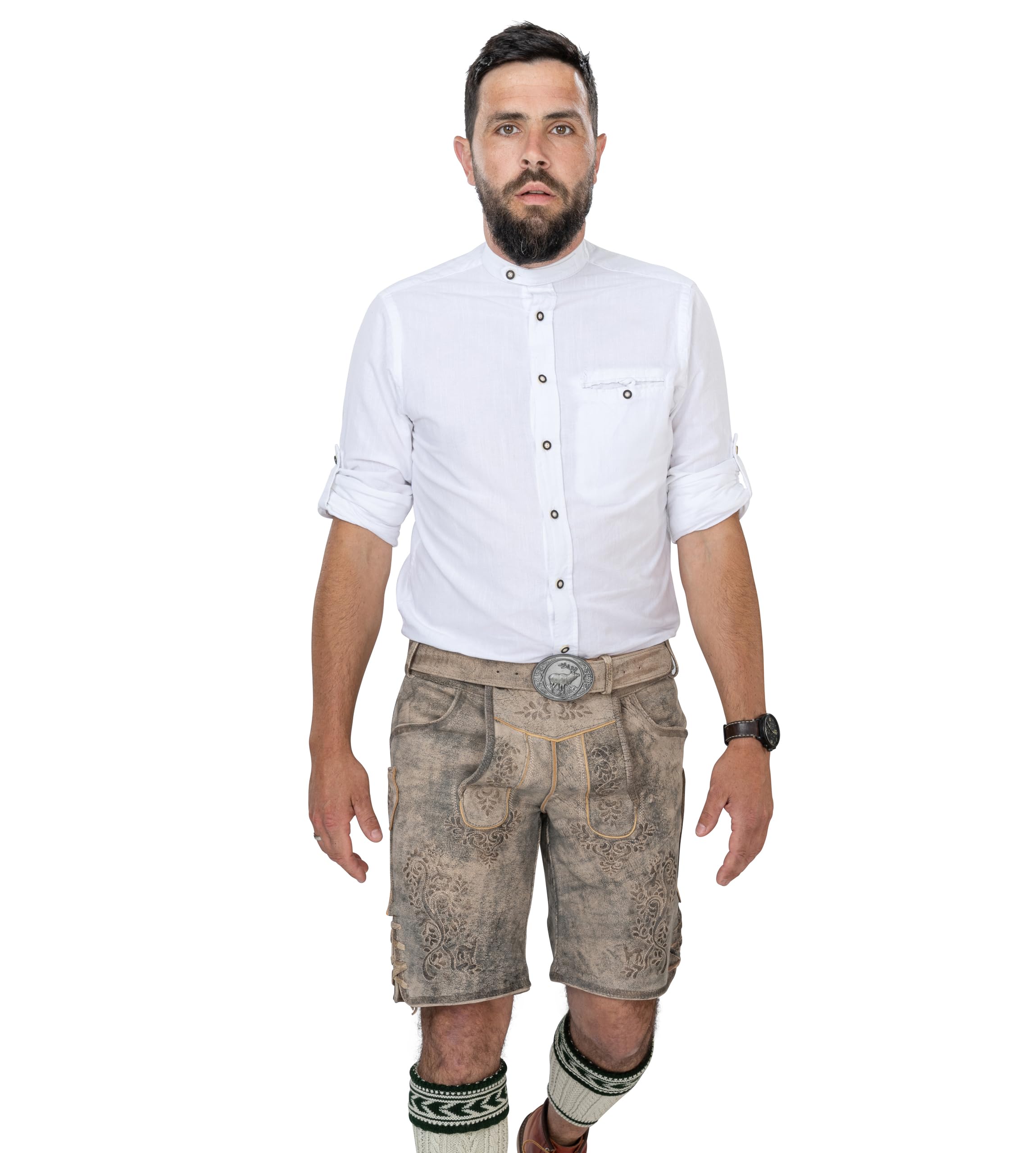 Schöneberger Trachten Couture Herren Lederhose kurz, Original Nubuk-Leder Trachtenhose für Oktoberfest, Trachtenlederhose gespeckt