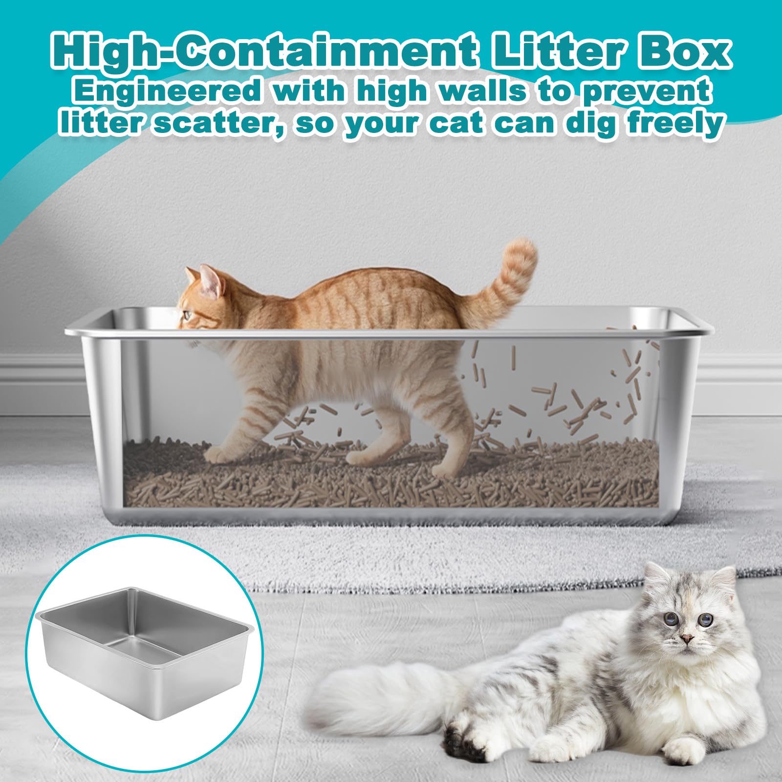 Lettiera per Gatti Acciaio Inox, Lettiere Aperta Grande, Cassetta per Gatto Antiaderente, Vaschetta Gatti Antiruggine, Antiodore, Spaziosa, Facile Pulire, Buca per Gattini,Conigli Piccoli (50x35x15cm)