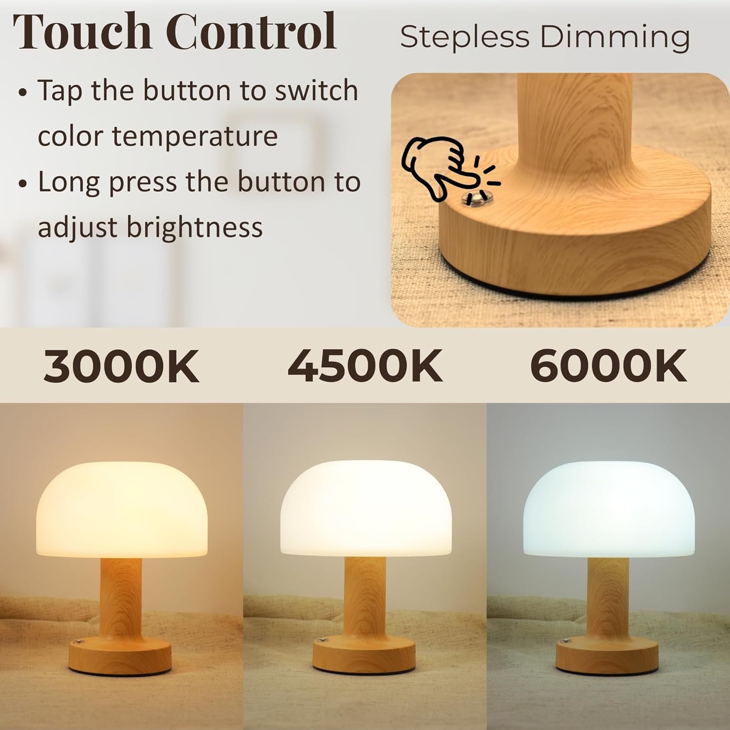 HAPYGI Small Mushroom Table Lamp, Cordless Night Light with 2600mAh Rechargeable Battery, Stepless Dimming Desk Lamp with 3 Colors for Bedroom/Patio/Living Room (Wooden-1)