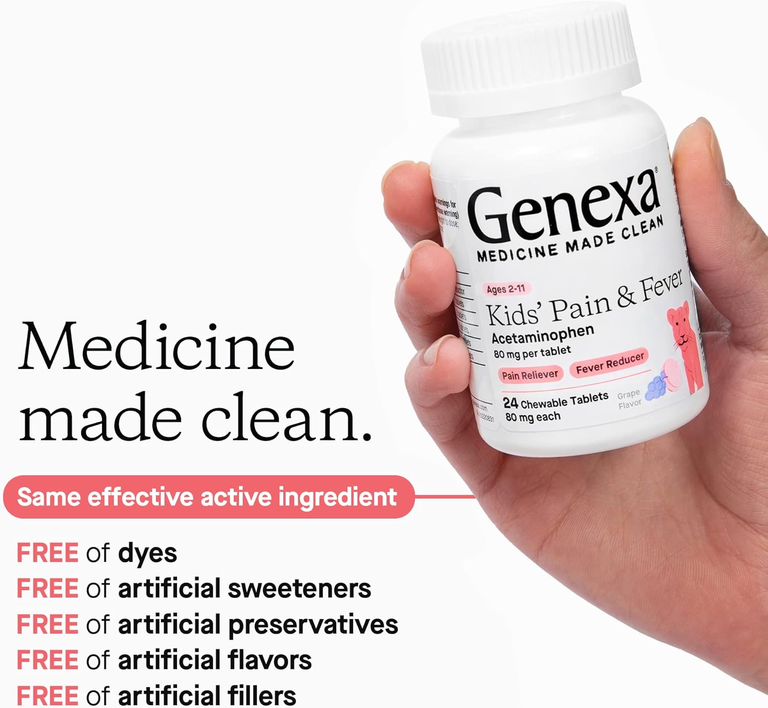 Genexa Children's Acetaminophen Pain and Fever Reducer | Chewable Tablets 80 mg | Grape Flavor | 2-11 Years Old | 24 Count : Health & Household