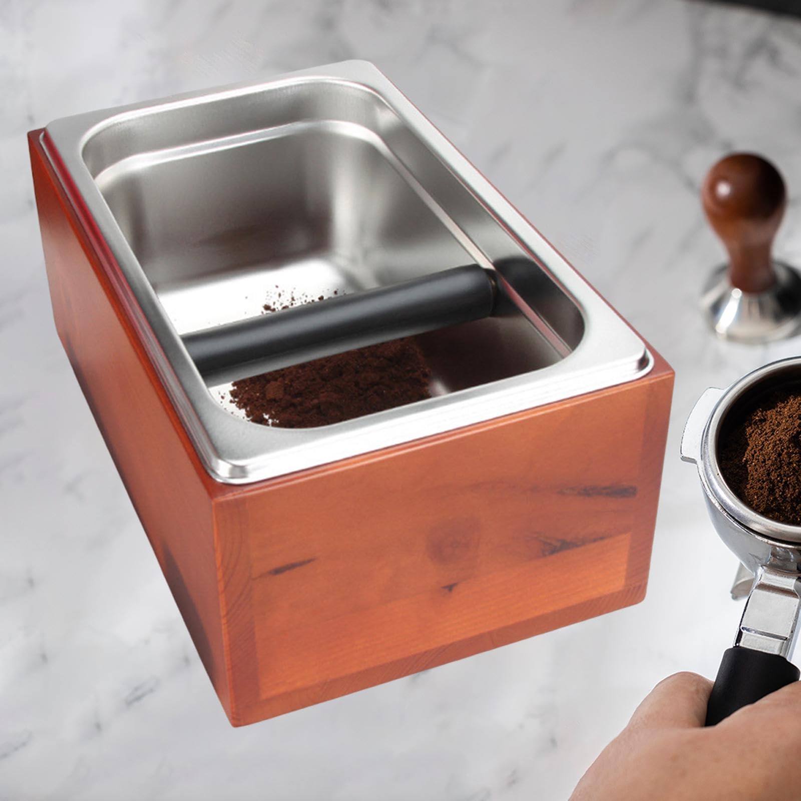 Contenitore per fondi di caffè in acciaio inox, separabile, 26x17x11,6 cm, sedile in legno per macchine da caffè espresso multiuso