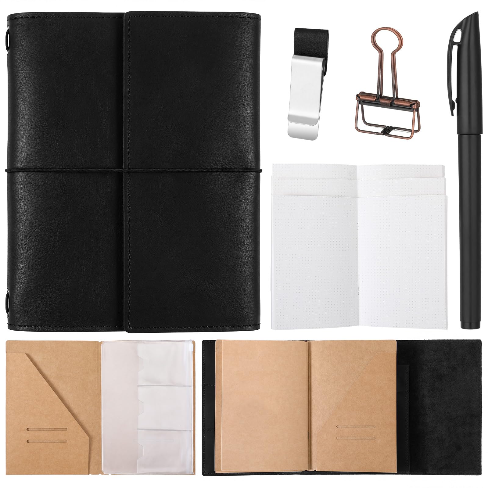 Carnet de voyage rechargeable en cuir véritable, noir, A5
