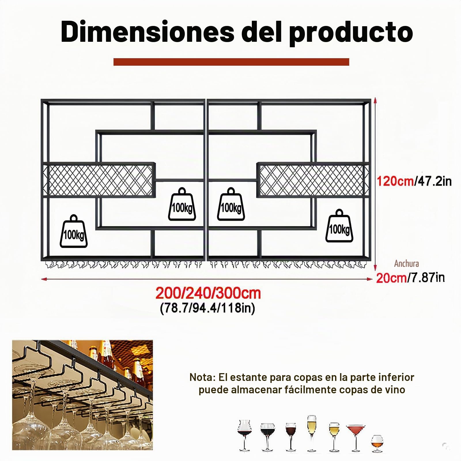 Estante de Pared para Vino con Rejilla y Luz LED | Botellero Industrial de Metal | 4Niveles con Soporte para Copas | Decorativo para Bar y Cocina(300CM)