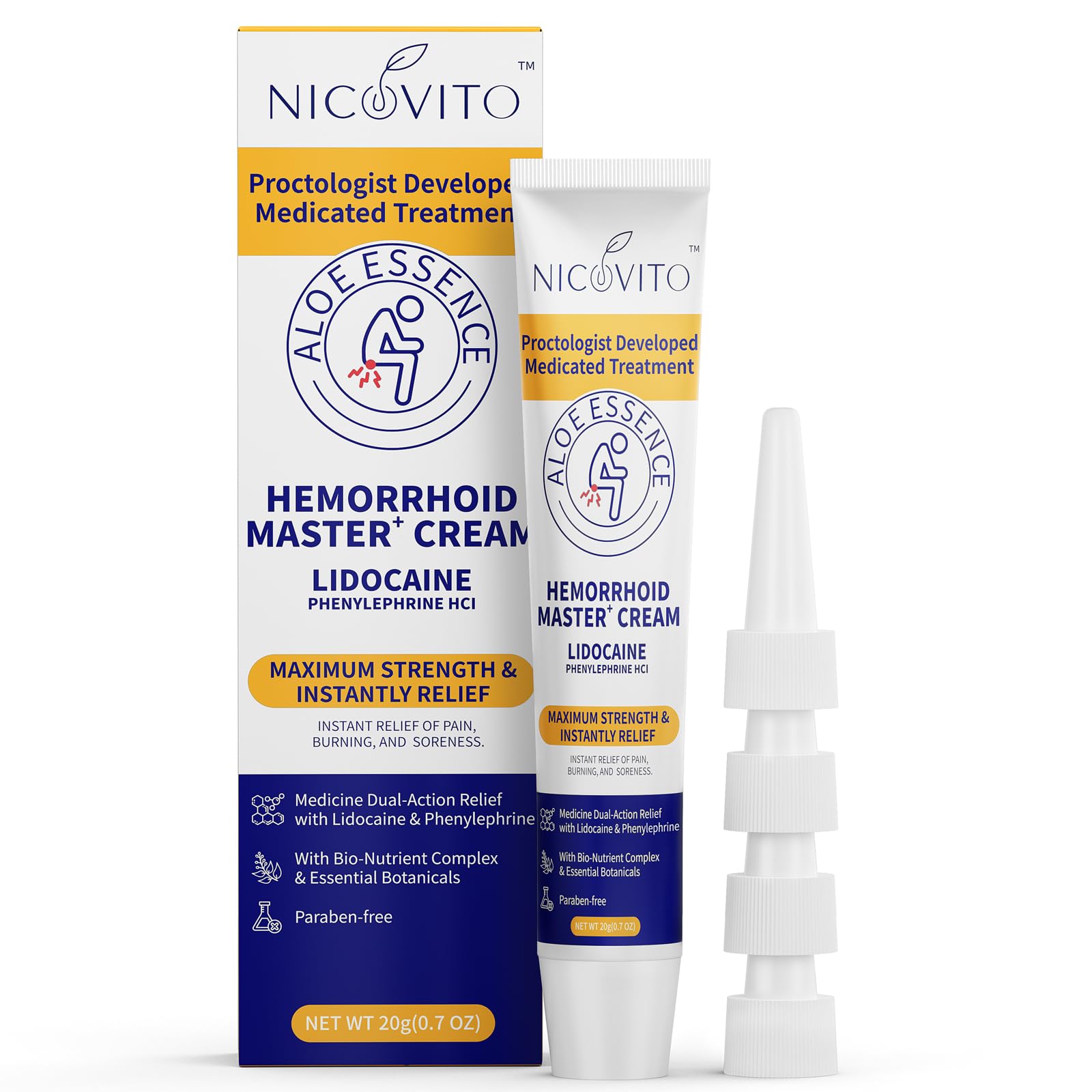 NICOVITO Hemorrhoid Fissure Treatment Cream 4 Lidocaine Phenylephrine HCl Ointment Maximum Strength Fast Relief for Pain Itching Swelling