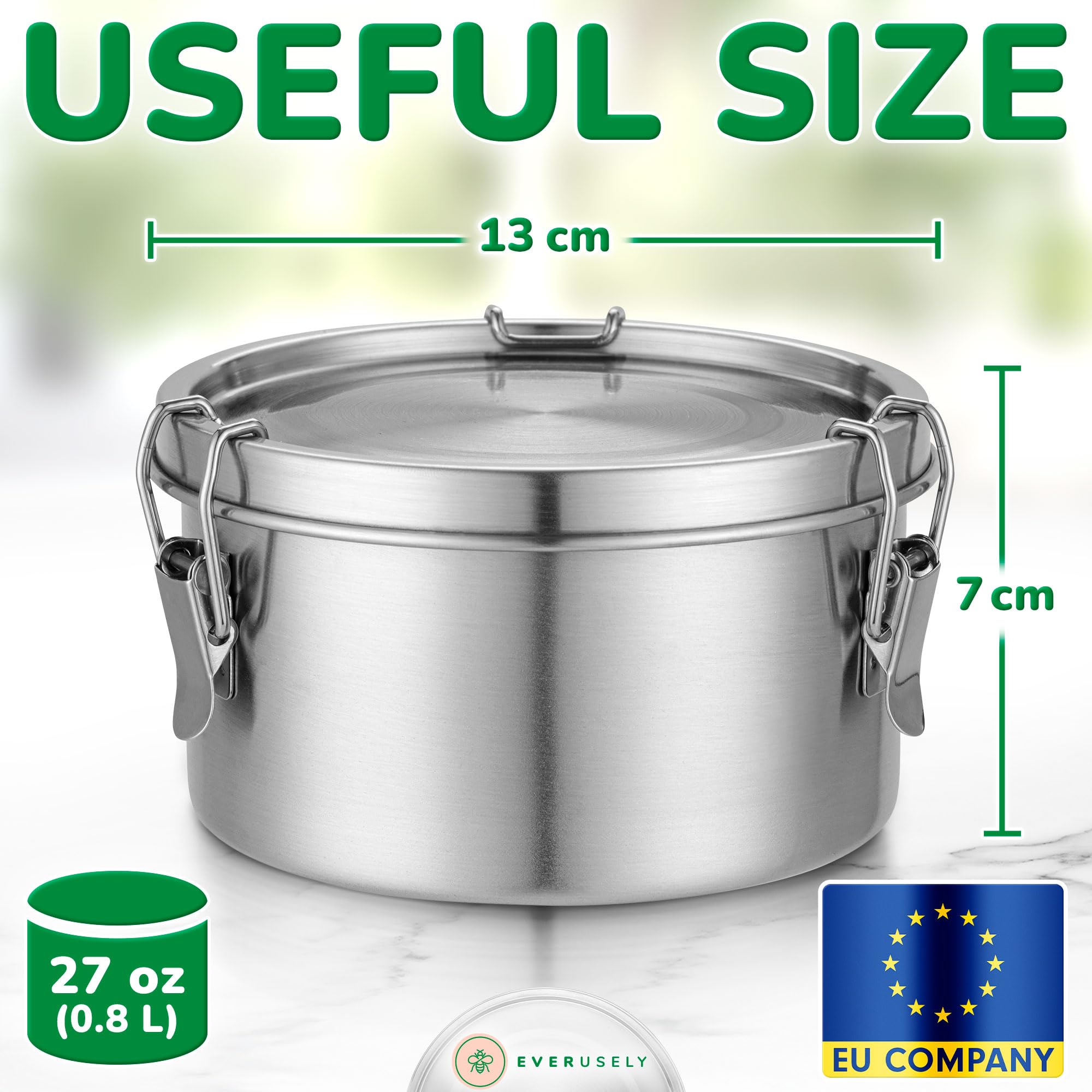 Stainless Steel Food Container - 0.8 L Capacity - Round Lunch Box for Kids & Adults - Leakproof Snack Storage Container with Lid - Reusable Organizer - by Everusely