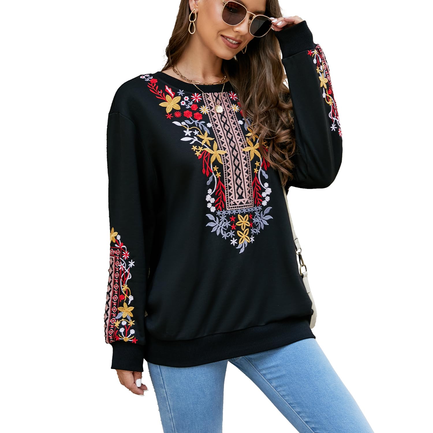 Damen Sweatshirt Langarm Winter Rundhals Pullover mit Stickerei Casual Oberteile Tops