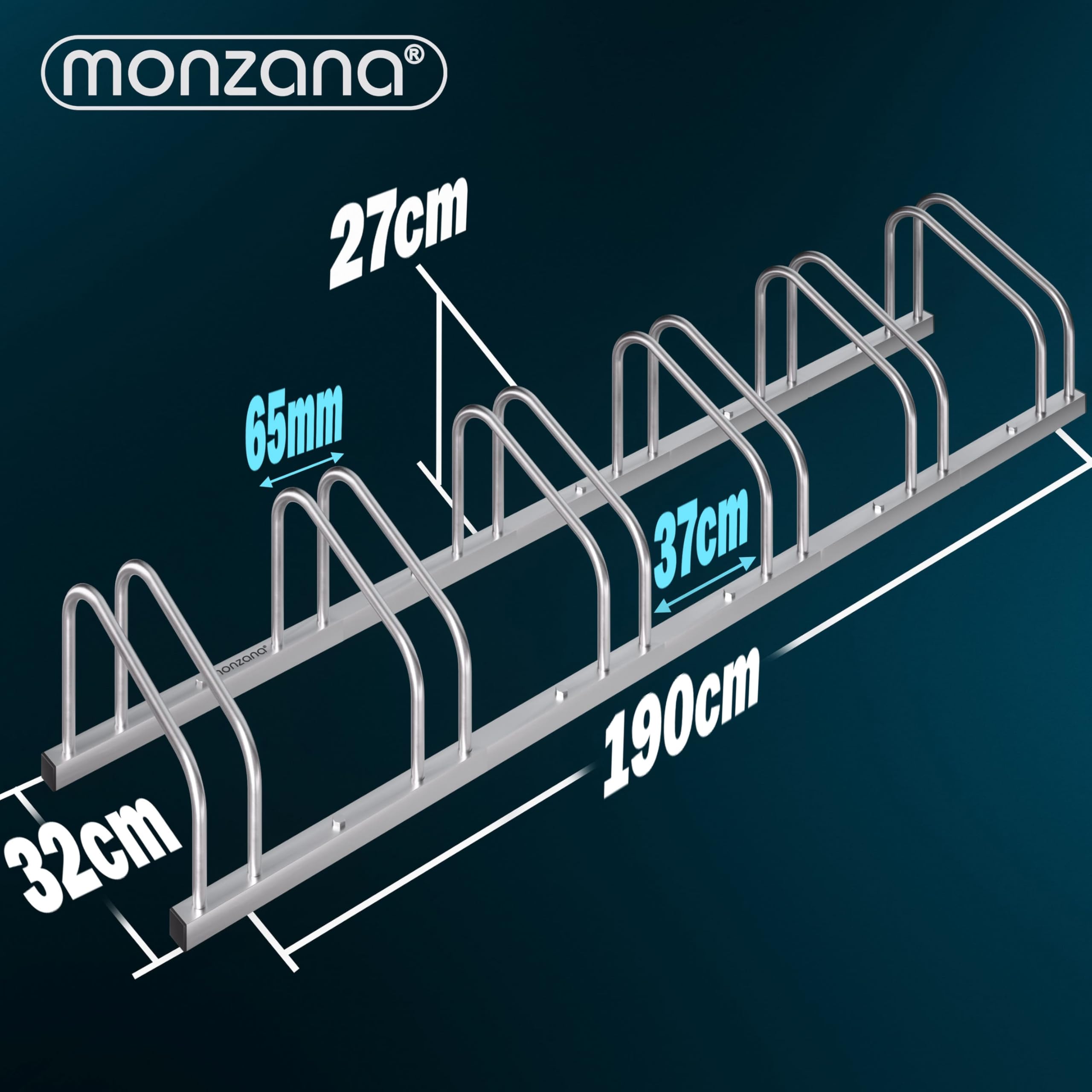 Monzana® Fahrradständer für 6 Fahrräder 37cm Radabstand 30-65mm Reifenbreite rostfreier Stahl selbstsichernde Schrauben Boden oder Wandmontage Mehrfachständer Fahrradhalter Aufstellständer Radständer