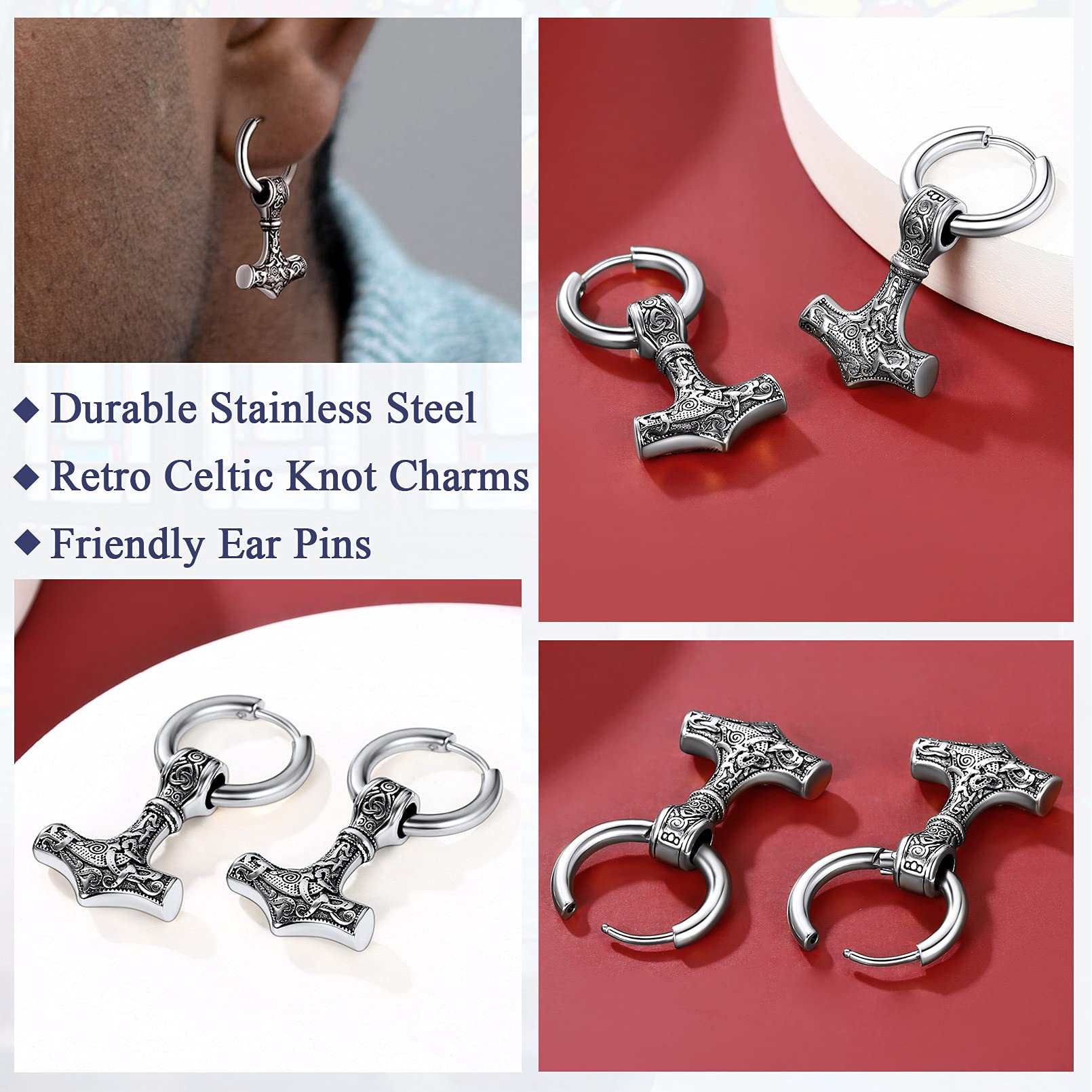 FaithHeart Boucle d'oreille Homme Femme,Creole Pendante Viking Marteau Mjöllnir Bijoux Boucles d’oreilles Gothique Hip Hop Punk Biker Femme Hommes Garçon (Boîte Cadeau)