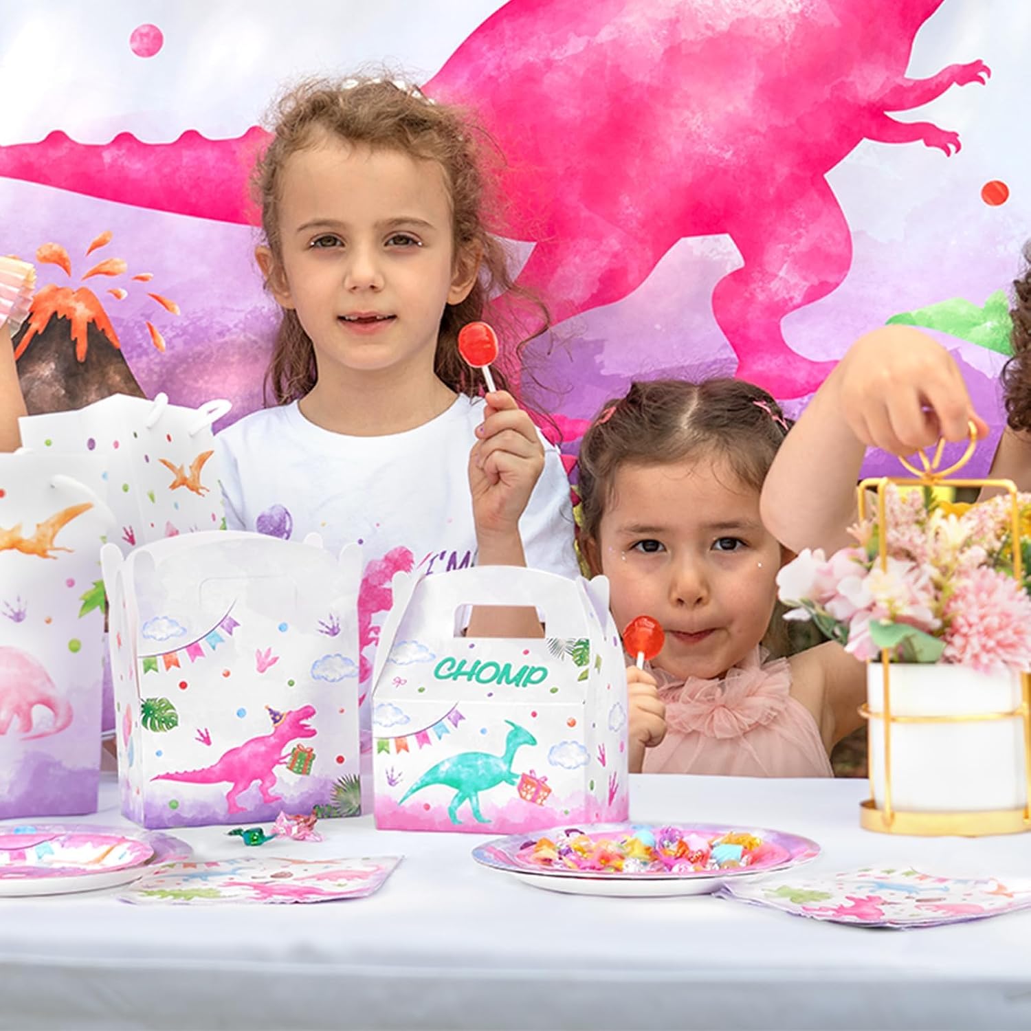 WERNNSAI 12 Pack Dinosaur Party Boxes - Girl Dinosaur Party Decorations Dino Theme Candy Goodie Boxes Pink Party Favor Boxes for Kids Girl Dinosaur Party Favors Supplies