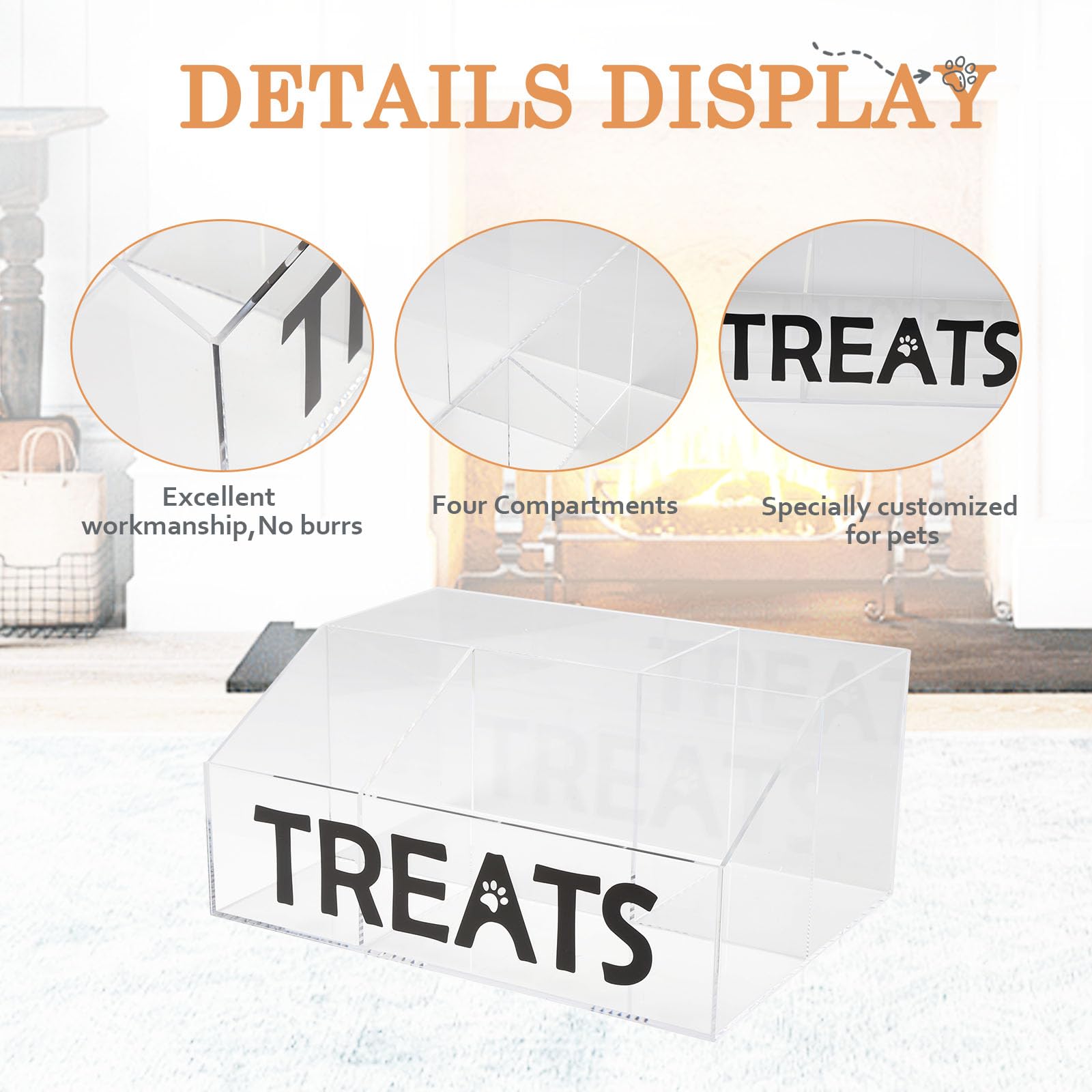 Brabtod Acrylic Dog Storage Organizer,Dog Treat Station with dividers,Trapezoid Dog Treat Container for Countertop,Cat Treat Storage Bin,Ideal for Dog Cat Bagged Snack or Can Food-Clear