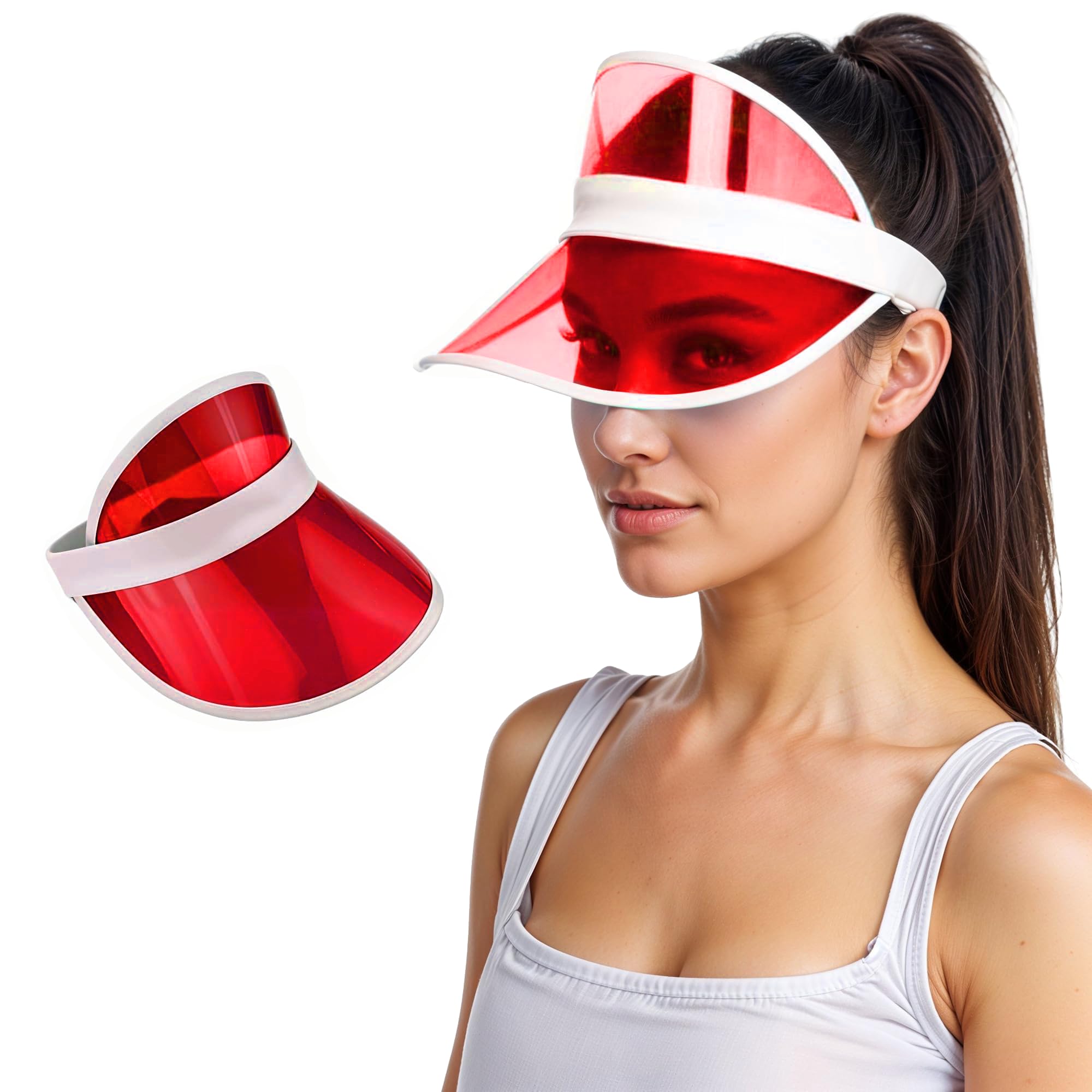 WickedFun® Unisex Retro 80s Neon Sun Visor Hat Headband Cap for Golf Tennis Stag Poker Party (Red)