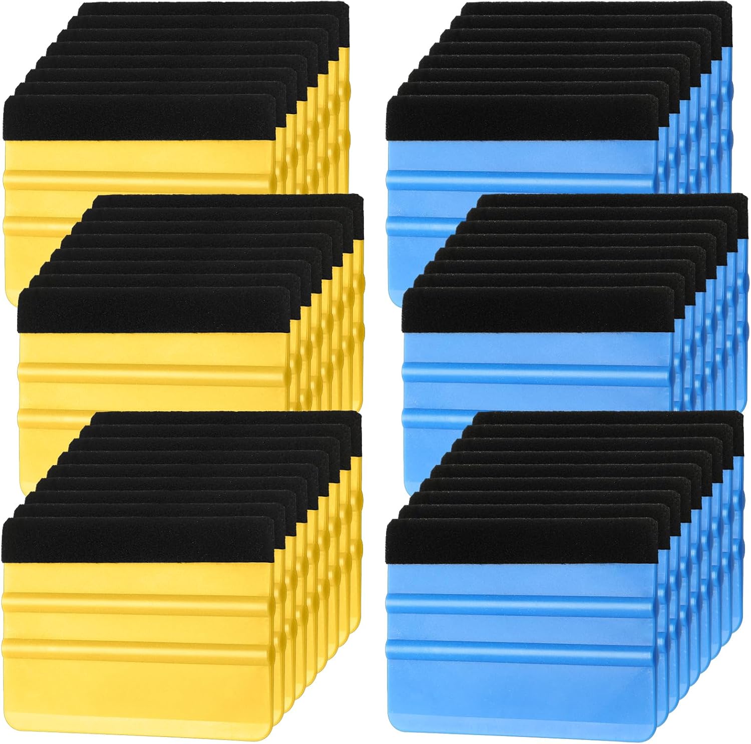 Lasnten 50 Pcs Plastic Vinyl Squeegee 4 Inch Felt Edge Squeegee for Car Window Windshield Glass Cleaning Tool Vinyl Scraper Decal Applicator Tool with Black Fabric Felt Edge, Blue Yellow