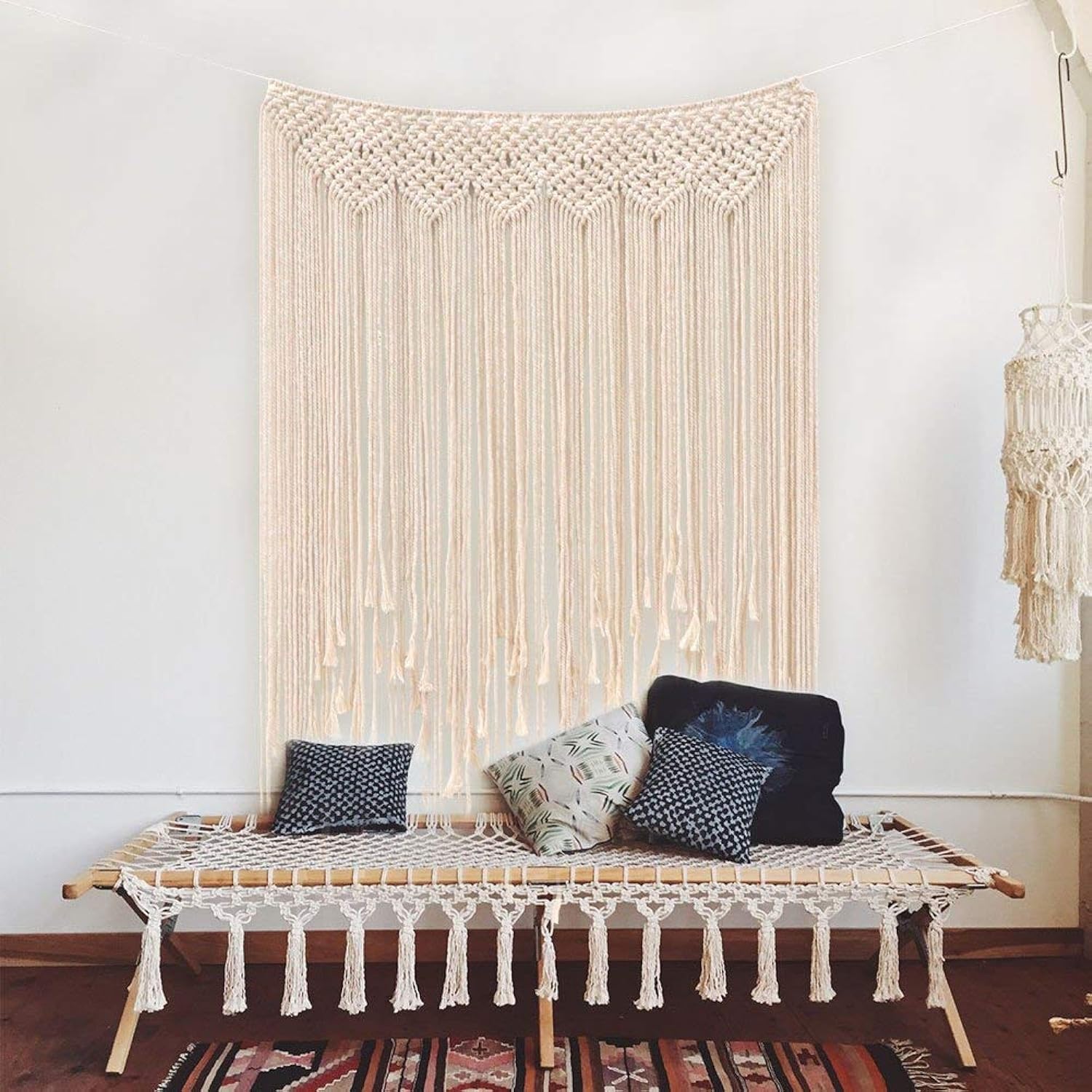 Macrame Wall Hanging 39"x 43"(100 x 110cm) Cotton Handmade Woven Wall Tapestry Large Boho Wedding Backdrop Wall Decoration for Living Room