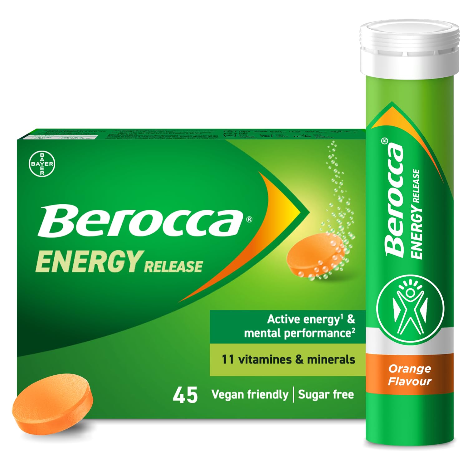 Berocca Vitamin C Effervescent Tablets, with Magnesium, Vitamin B12 & Vitamin B Complex, Orange Flavour, 1 Pack of 45 Tablets - 6 Weeks Supply