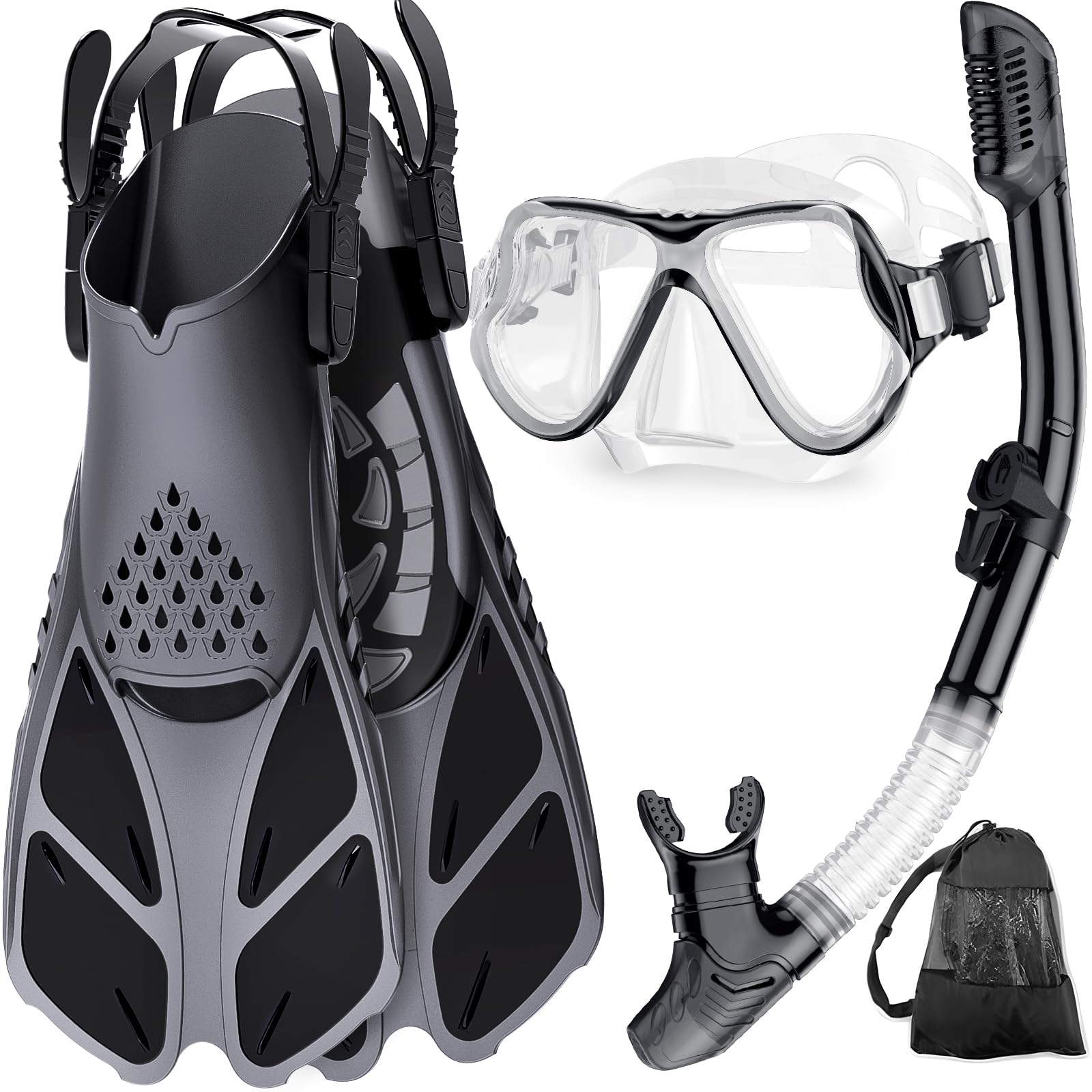 Zenoplige Mask Fins Snorkel Set, Snorkeling Gear for Adults, Panoramic View Snorkel Mask Anti-Fog, Adjustable Dive Flippers, Dry Top Snorkel and