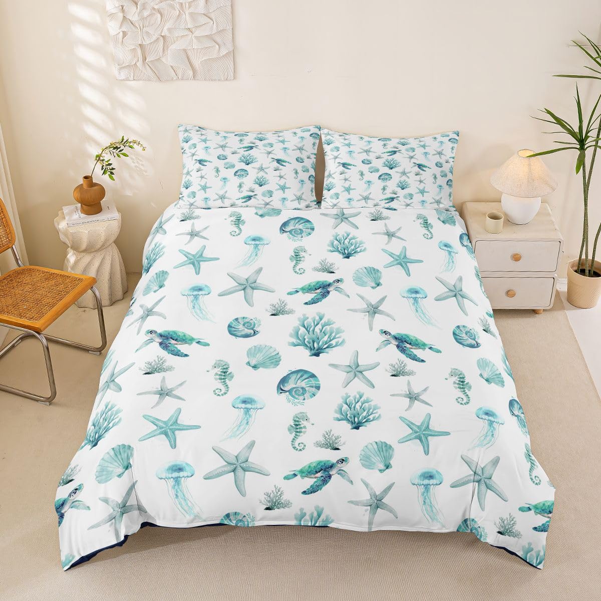 Homewish Set di biancheria da letto per letto super king size con stelle marine, conchiglie e trutoli, decorazione a tema creatura marina, per adulti, adolescenti, donne, foglia di tè, oceano, scena