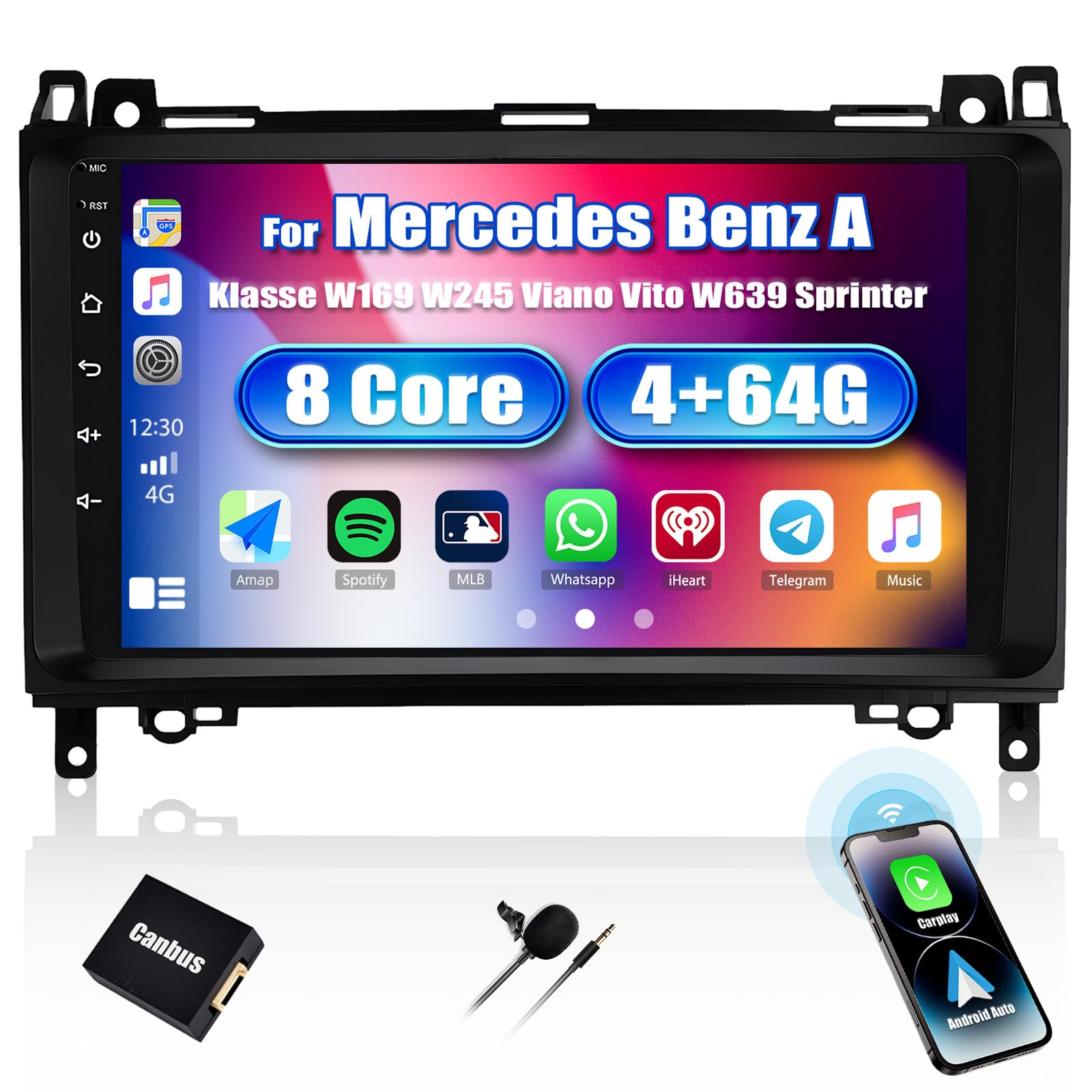 4GB+64GB]SIXWIN Android 13 Autoradio con CarPlay/Android/DSP per Mercedes-Benz W169 W639 Vito Viano W906 Sprinter, 9 HD Schermo Navigatore GPS WiFi BT USB FM RDS Radio Mirror Link+32 band EQ
