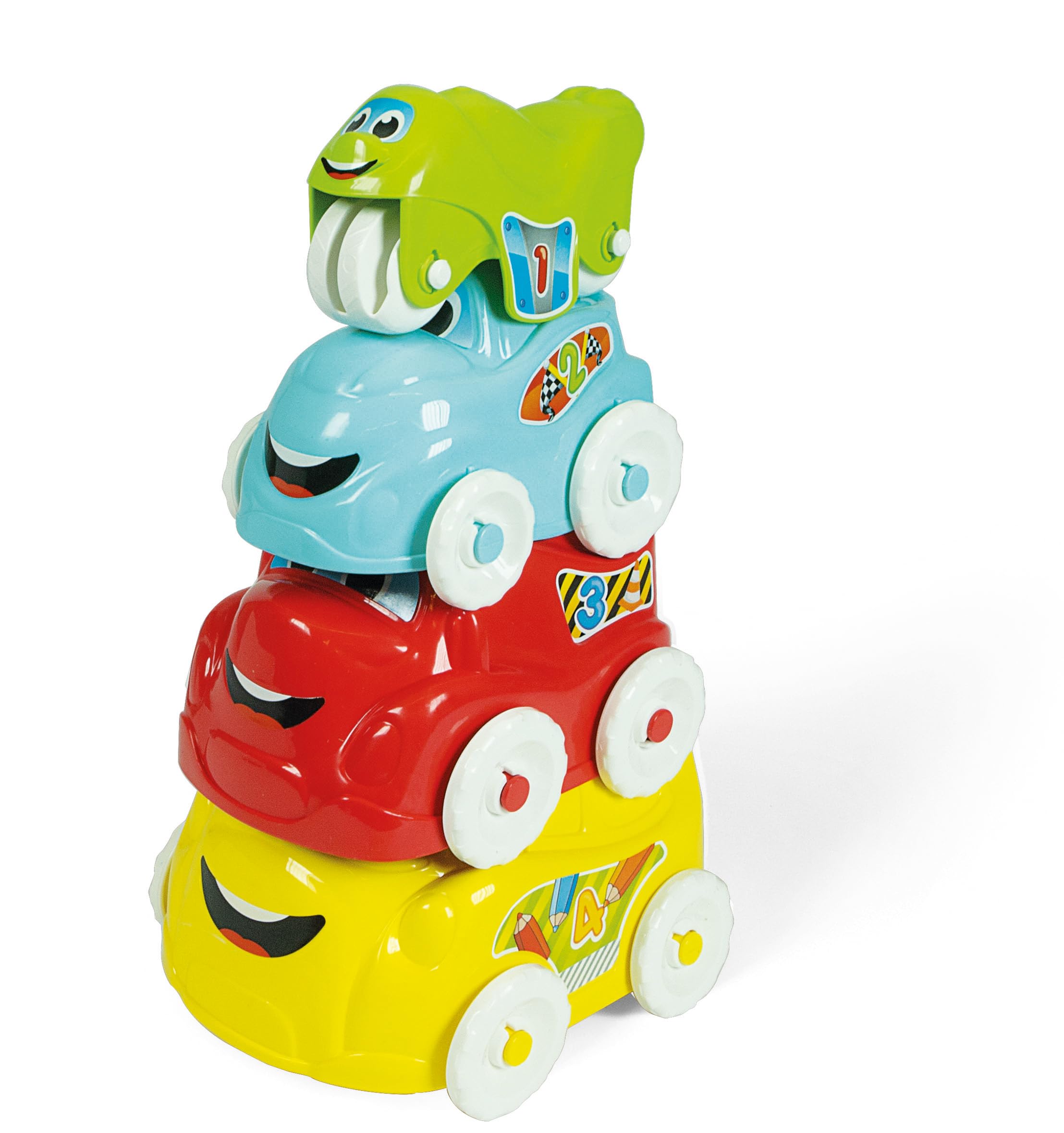 Clementoni- Stacking Vehicle Toy: 4 Piece Playset, Bus, Truck, Car & Motorbike (6+ Months)