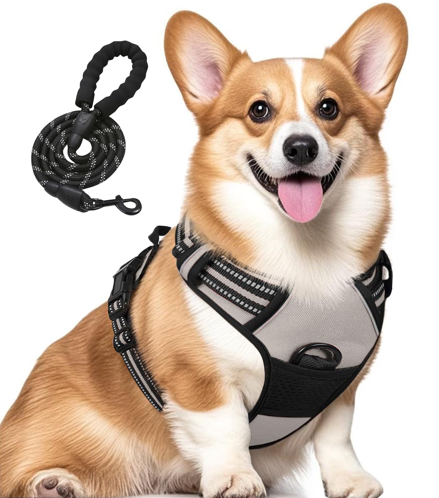 Jomkig No-Pull Adjustable Pet Harness with Free 5ft Leash Medium Breathable Dog Vest Reflective Padded Dog Harness for Outdoor Walking Training, Grey, Medium