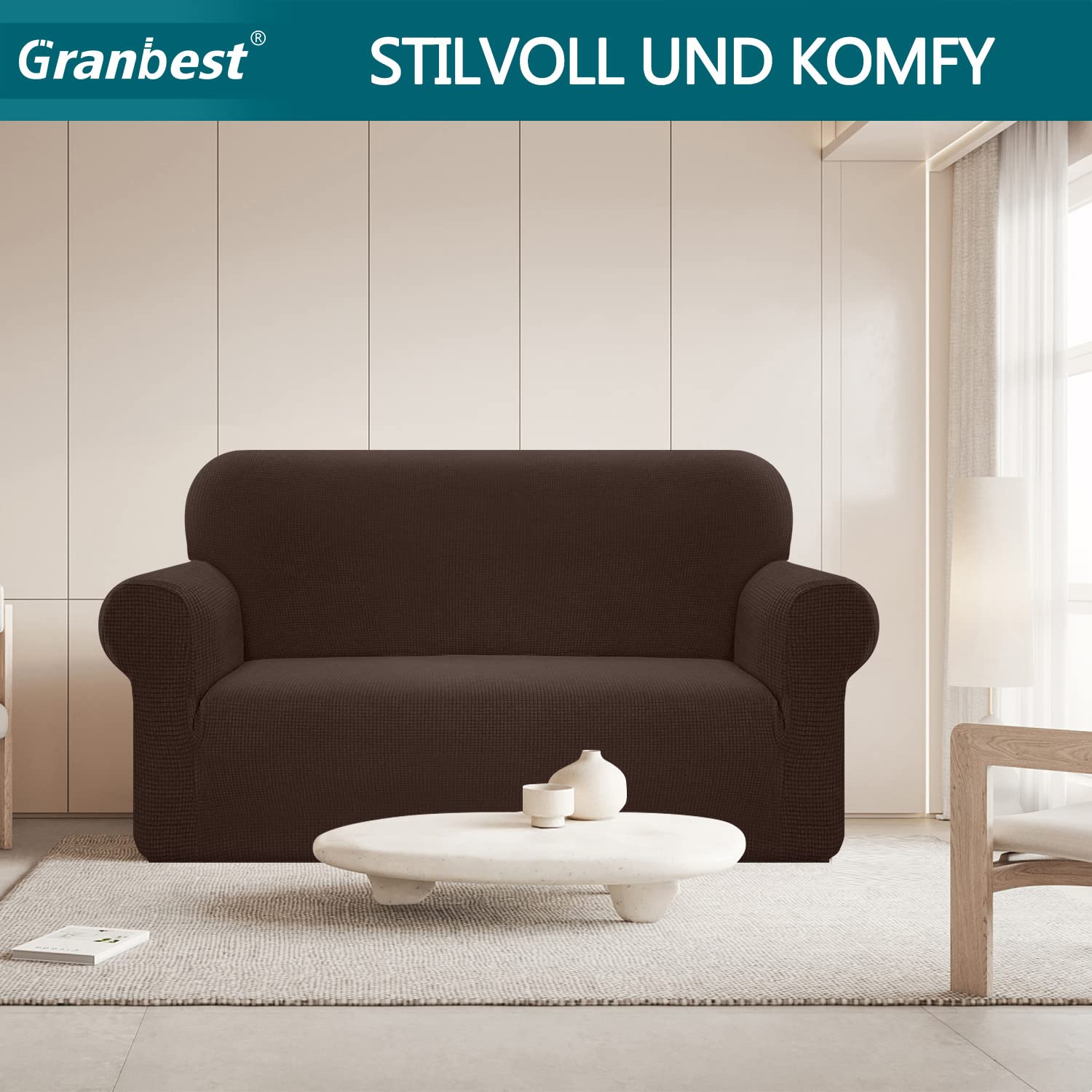 Granbest Copridivano elasticizzato, impermeabile, 1 pezzo, in spandex, jacquard, con gommapiuma antiscivolo (2 posti, cioccolato)