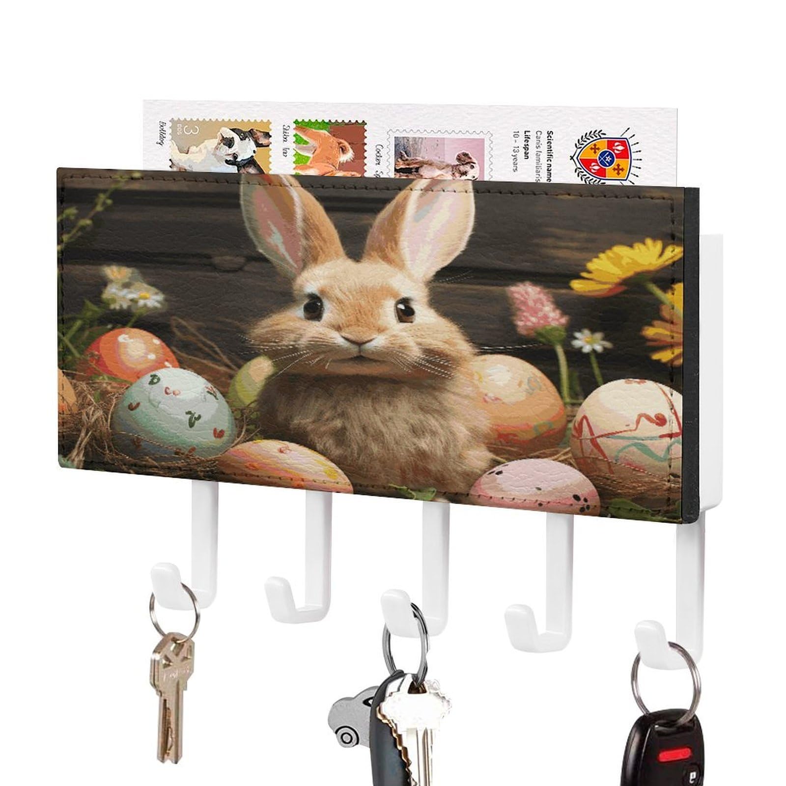 FekiLoot Easter Egg Bunny Key Holder Wall Mount Key and Mail Holder Key Hanger with 5 Hooks Decorative PU Key Rack Hanging Key Hooks for Wall Living Room Kitchen Bathroom Hallway White-Style