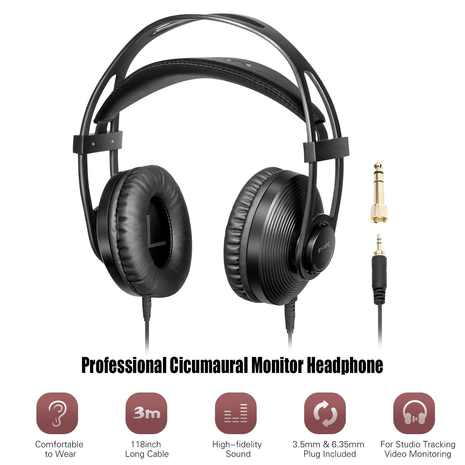BY-HP2 - Auriculares con monitor de vídeo de alta fidelidad, sonido de proteína suave, almohadillas para orejas con salida estéreo de 3,5 mm y 6,35 mm para cámara de DJ, difusión, podcast, reunión